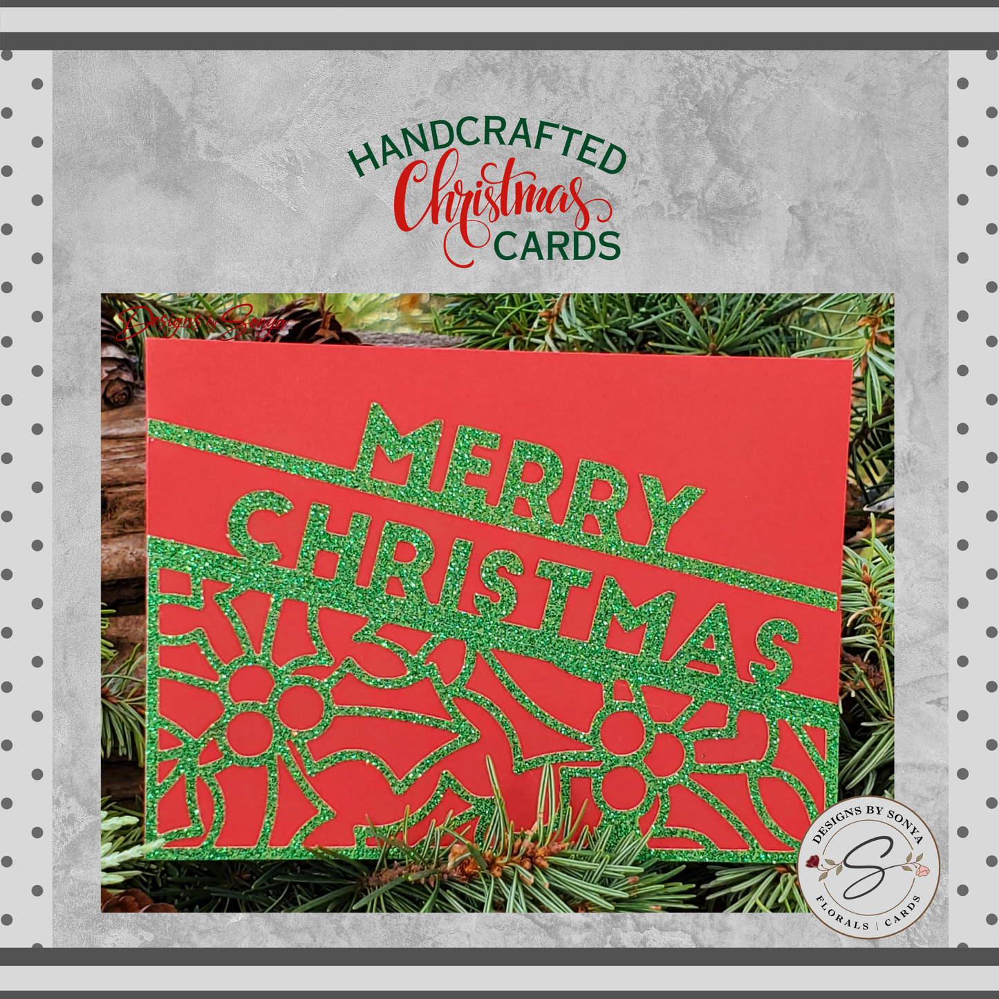 Festive Merry Christmas Card | A2 4.25"x5.5" Red and Green Glitter Holiday Card | Handcrafted Christmas Greeting Card | Warm Wishes Card