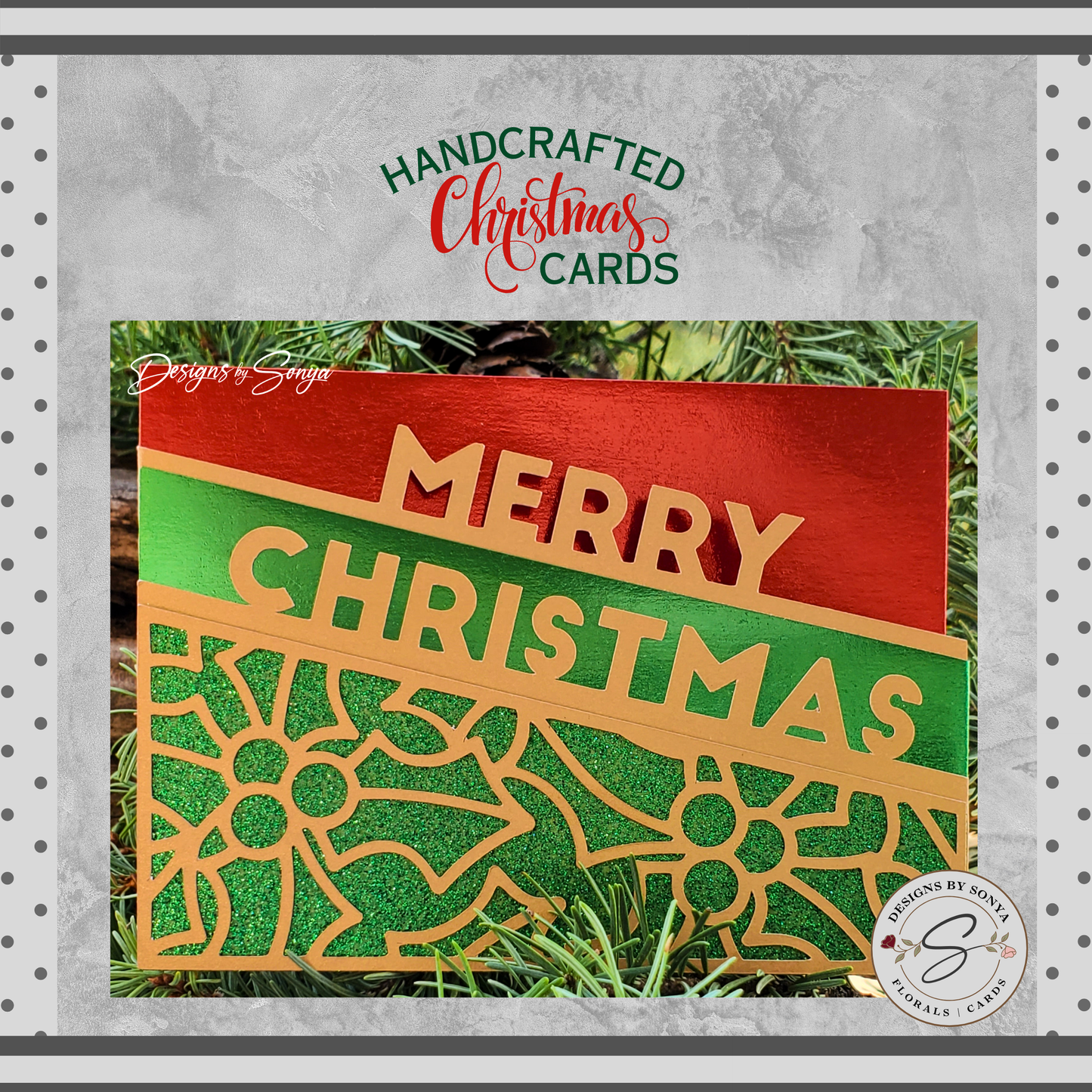 Festive Green and Red Merry Christmas Card | A2 4.25"x5.5" Laser Cut Holiday Card | Handcrafted Elegant Christmas Greeting Card