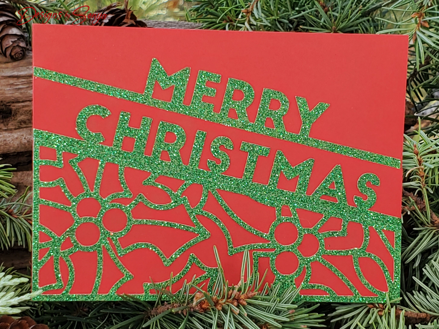 Festive Merry Christmas Card | A2 4.25"x5.5" Red and Green Glitter Holiday Card | Handcrafted Christmas Greeting Card | Warm Wishes Card