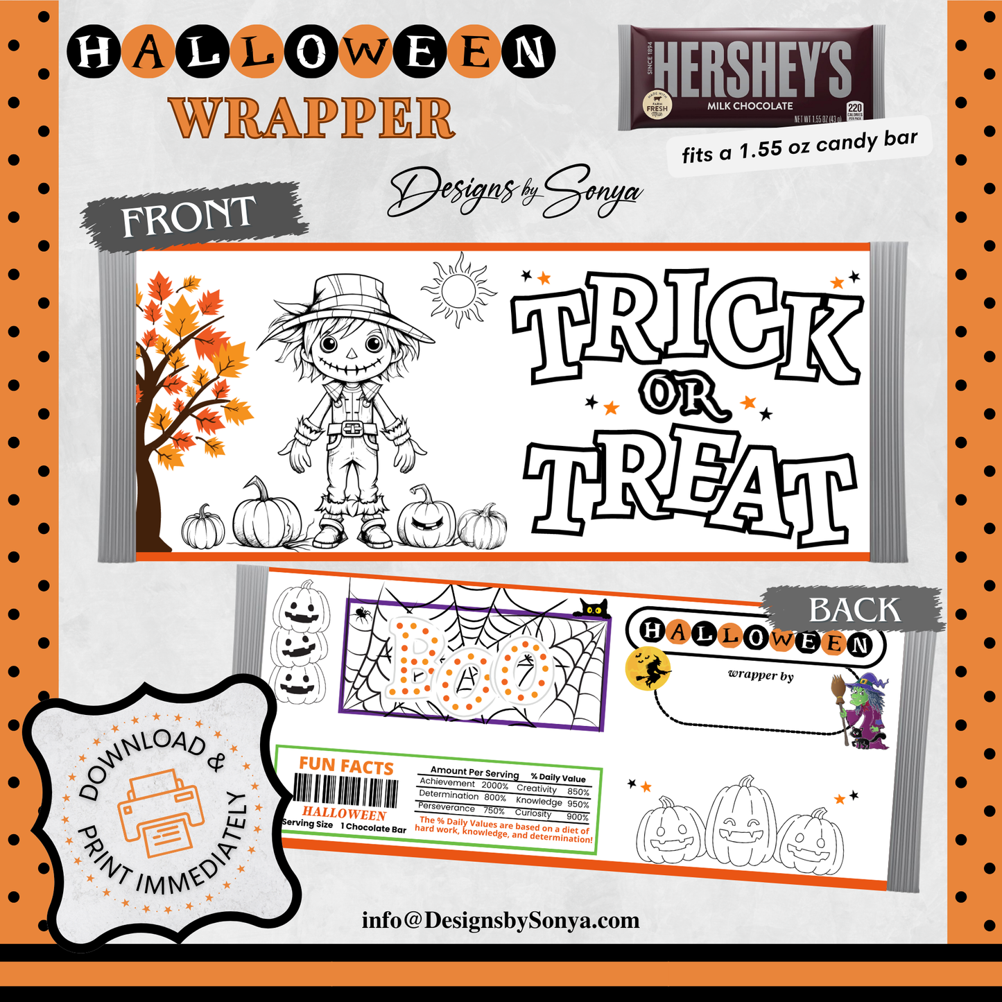 Classroom Activity for Teachers | Halloween Digital Coloring Hershey Bar Wrapper | Instant Download Printable for Trick-or-Treat Party Favors