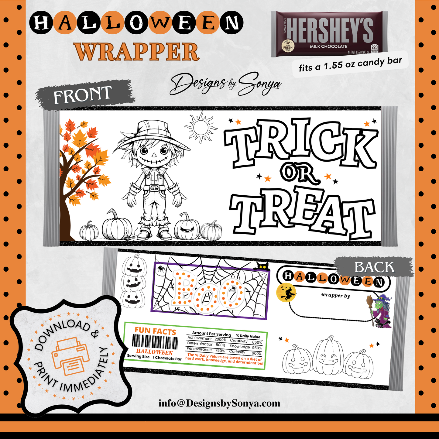 Classroom Activity for Teachers | Halloween Digital Coloring Hershey Bar Wrapper | Instant Download Printable for Trick-or-Treat Party Favors