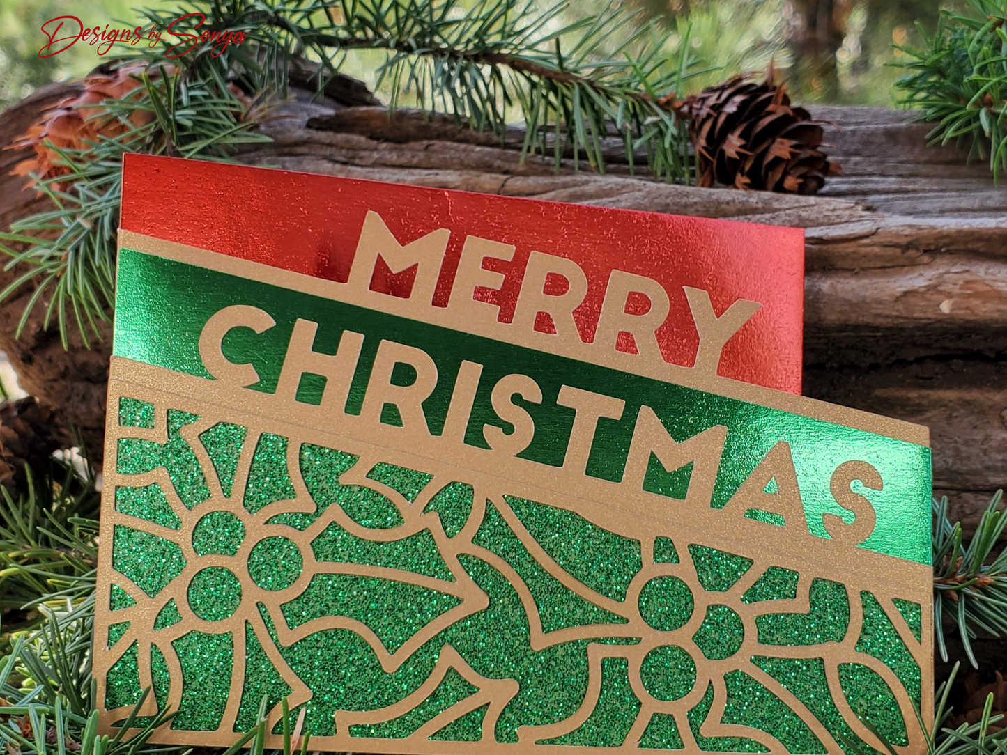 Festive Green and Red Merry Christmas Card | A2 4.25"x5.5" Laser Cut Holiday Card | Handcrafted Elegant Christmas Greeting Card
