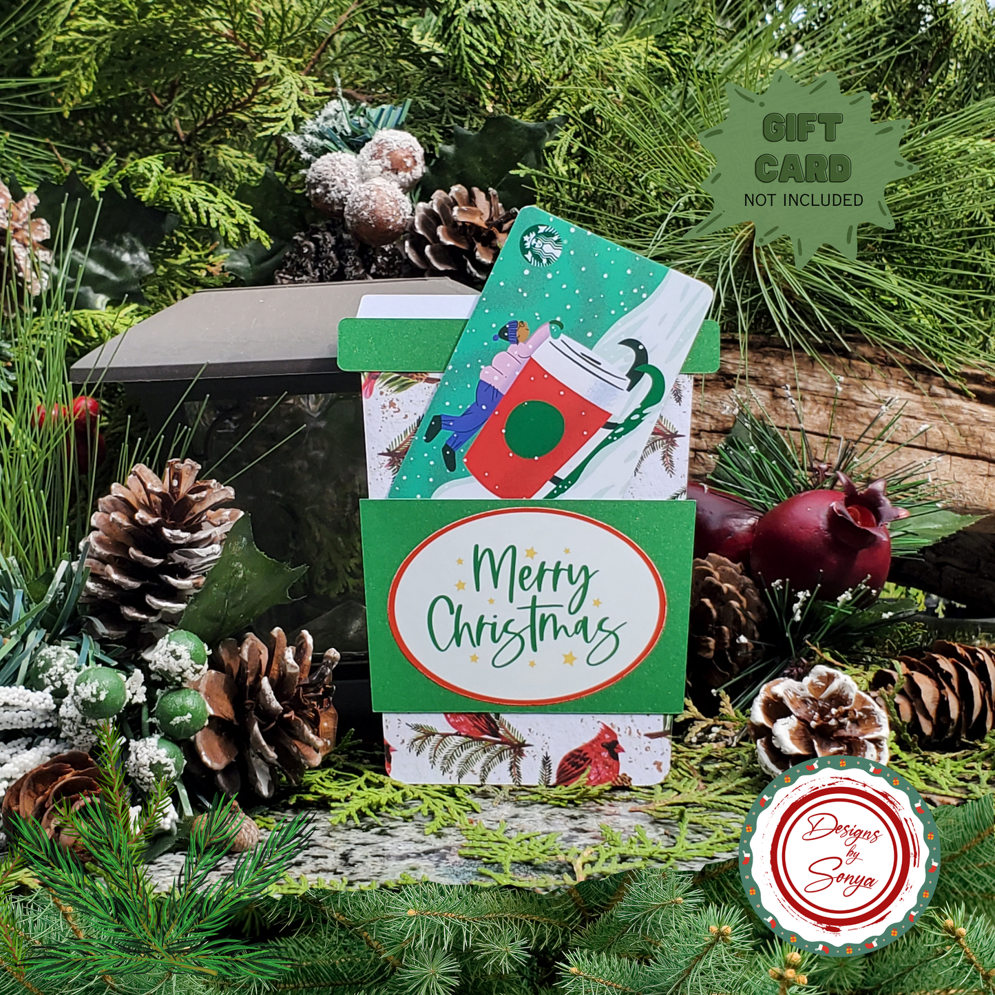 Cardinal Merry Christmas Gift Card Holder – Coffee Cup Style with Green Glitter Sleeve & A2 Envelope – Holiday Gift for Nature Lovers