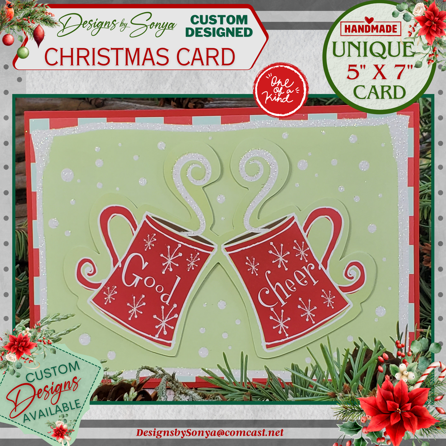 LIMITED EDITION | Festive Good Cheer Glitter Mugs | 5" x7" Sparkling Christmas Card | Custom Designed 3D Layered | Unique Holiday Greetings