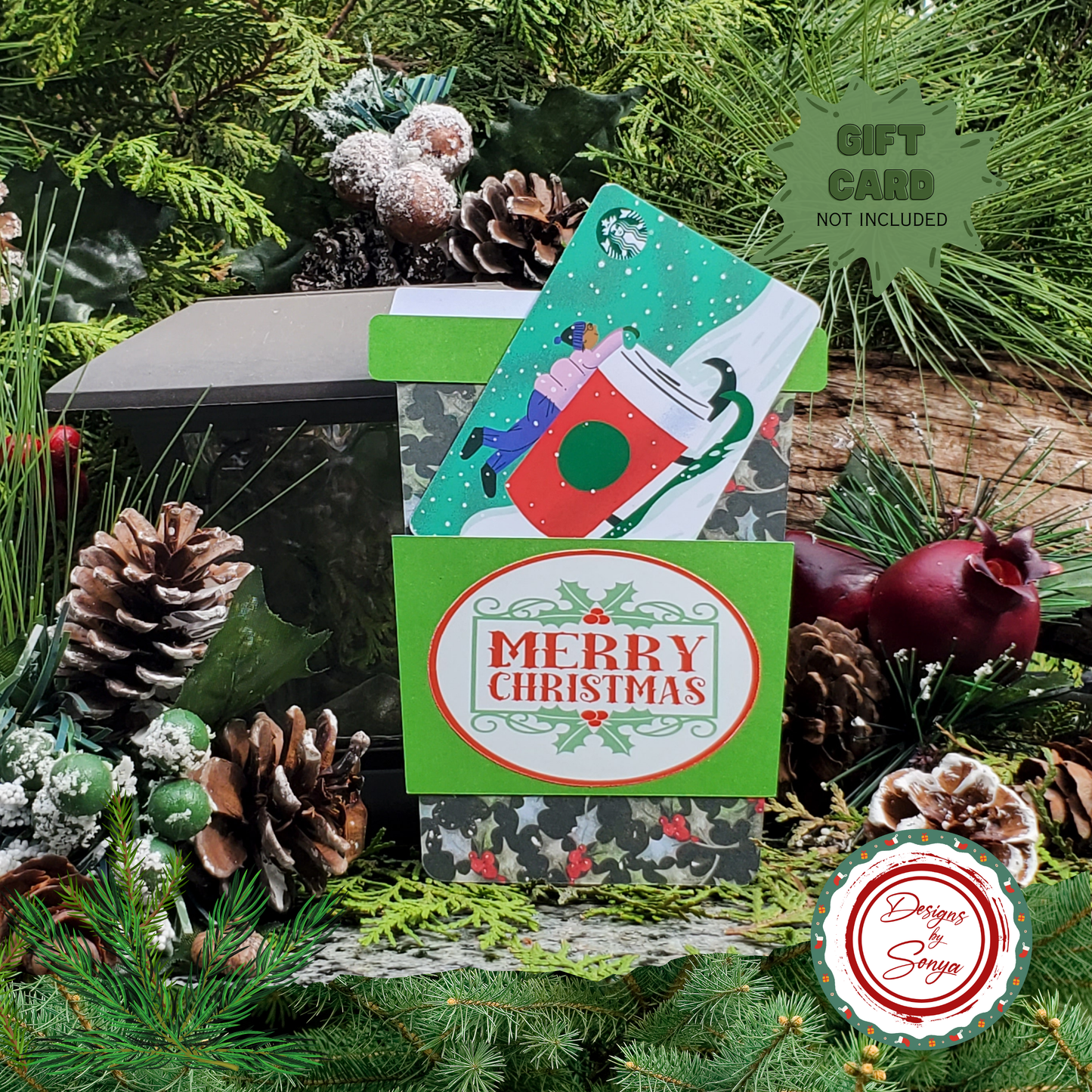Christmas Gift Card Holder – Coffee Cup Design with Holly Print, Glitter Sleeve & Envelope – Holiday Teacher or Coworker Gift