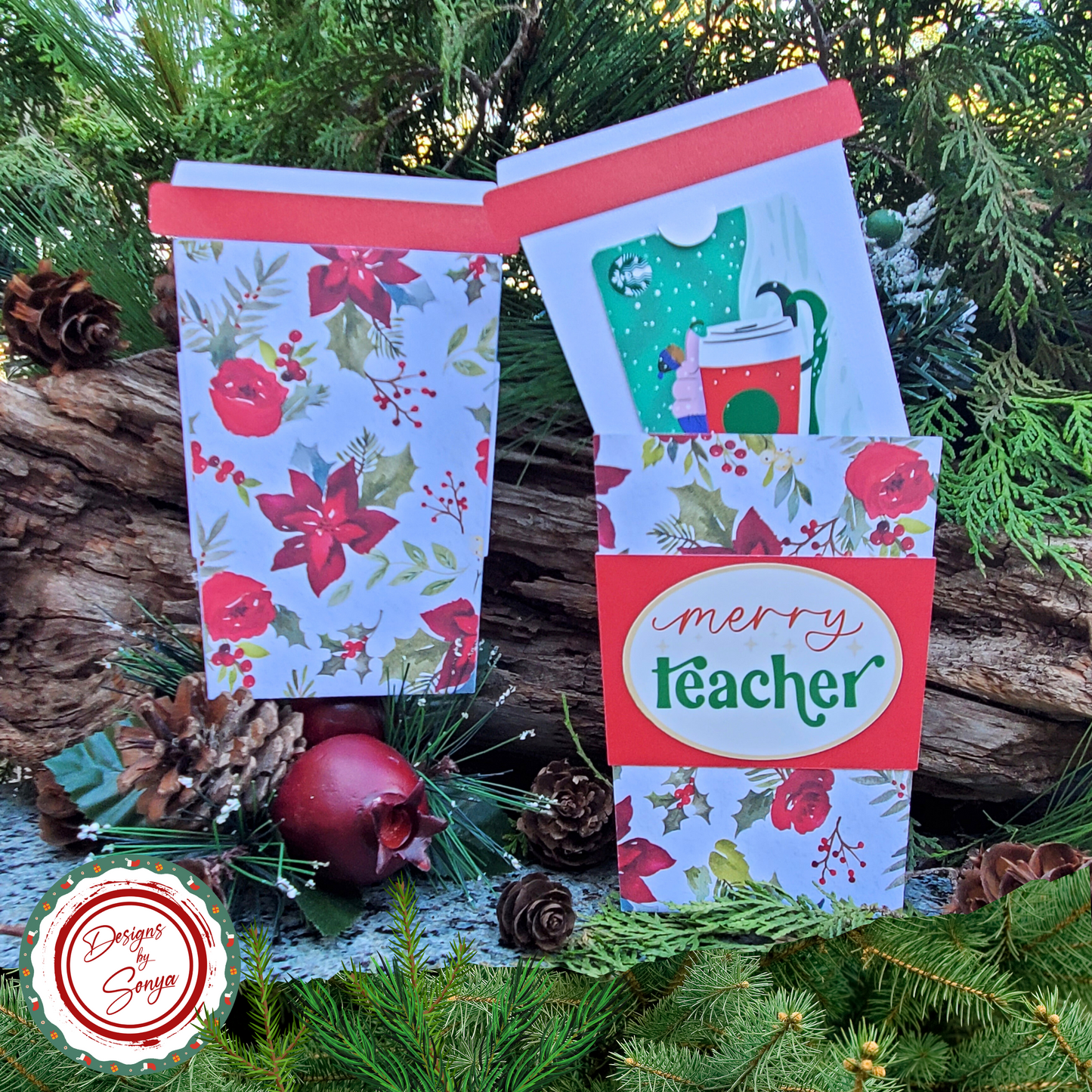 Merry Teacher Coffee Cup Gift Card Holder | Thanks a Latte | Christmas Teacher Gift | Holiday Pull-Out Sleeve with Envelope