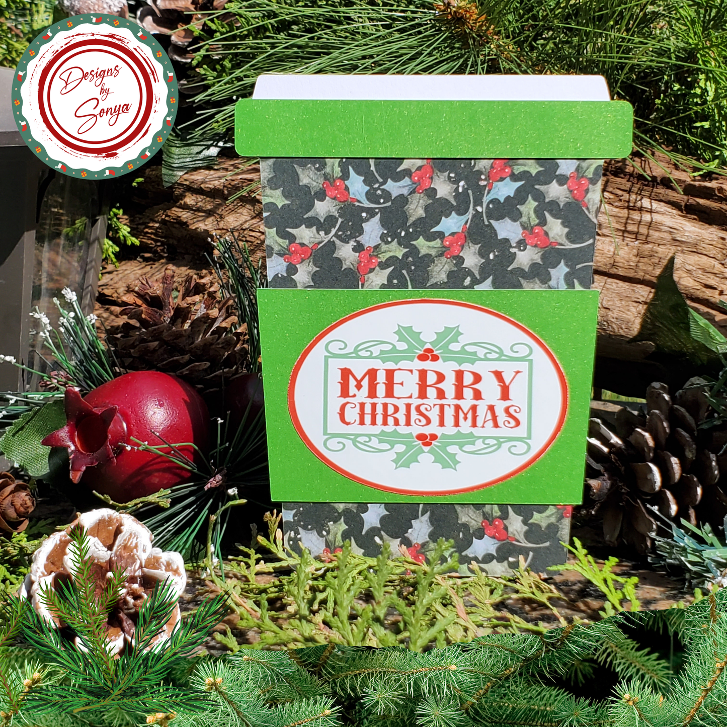 Christmas Gift Card Holder – Coffee Cup Design with Holly Print, Glitter Sleeve & Envelope – Holiday Teacher or Coworker Gift