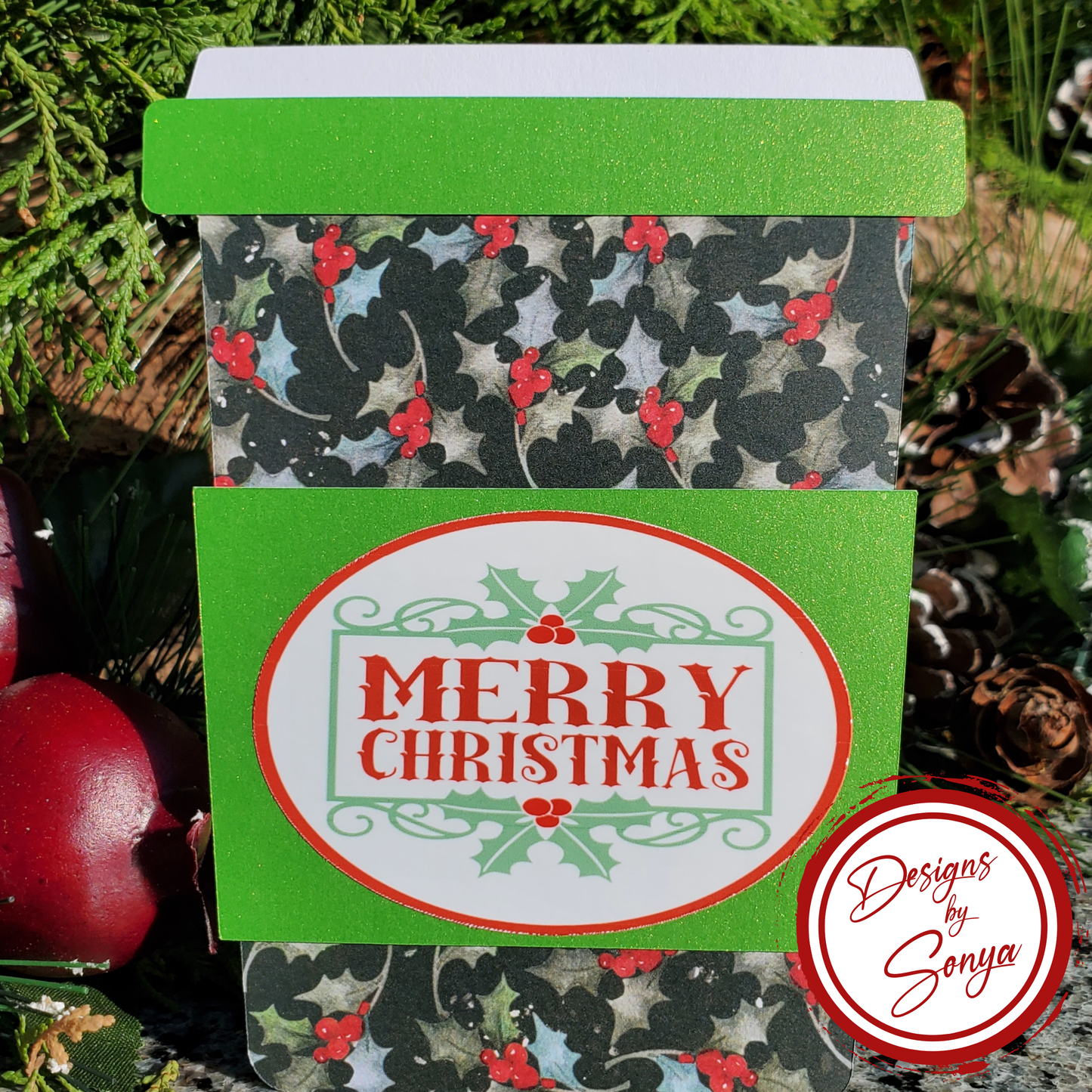 Christmas Gift Card Holder – Coffee Cup Design with Holly Print, Glitter Sleeve & Envelope – Holiday Teacher or Coworker Gift