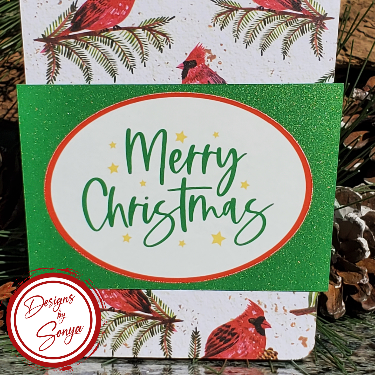 Cardinal Merry Christmas Gift Card Holder – Coffee Cup Style with Green Glitter Sleeve & A2 Envelope – Holiday Gift for Nature Lovers