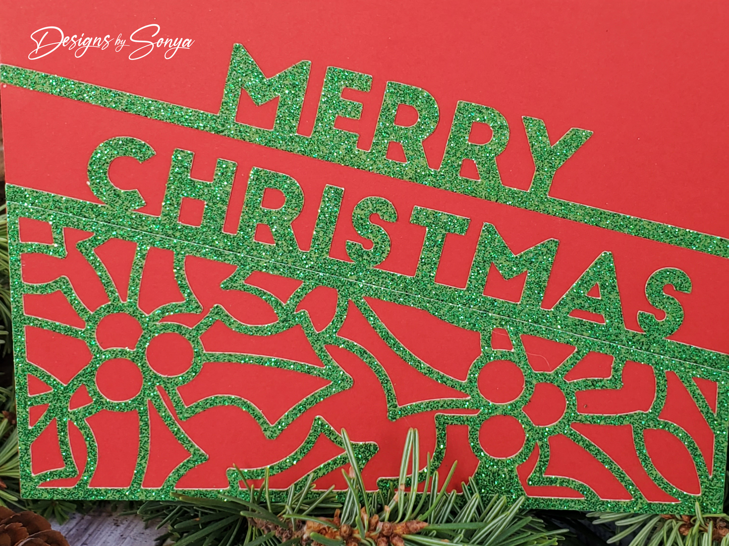 Festive Merry Christmas Card | A2 4.25"x5.5" Red and Green Glitter Holiday Card | Handcrafted Christmas Greeting Card | Warm Wishes Card