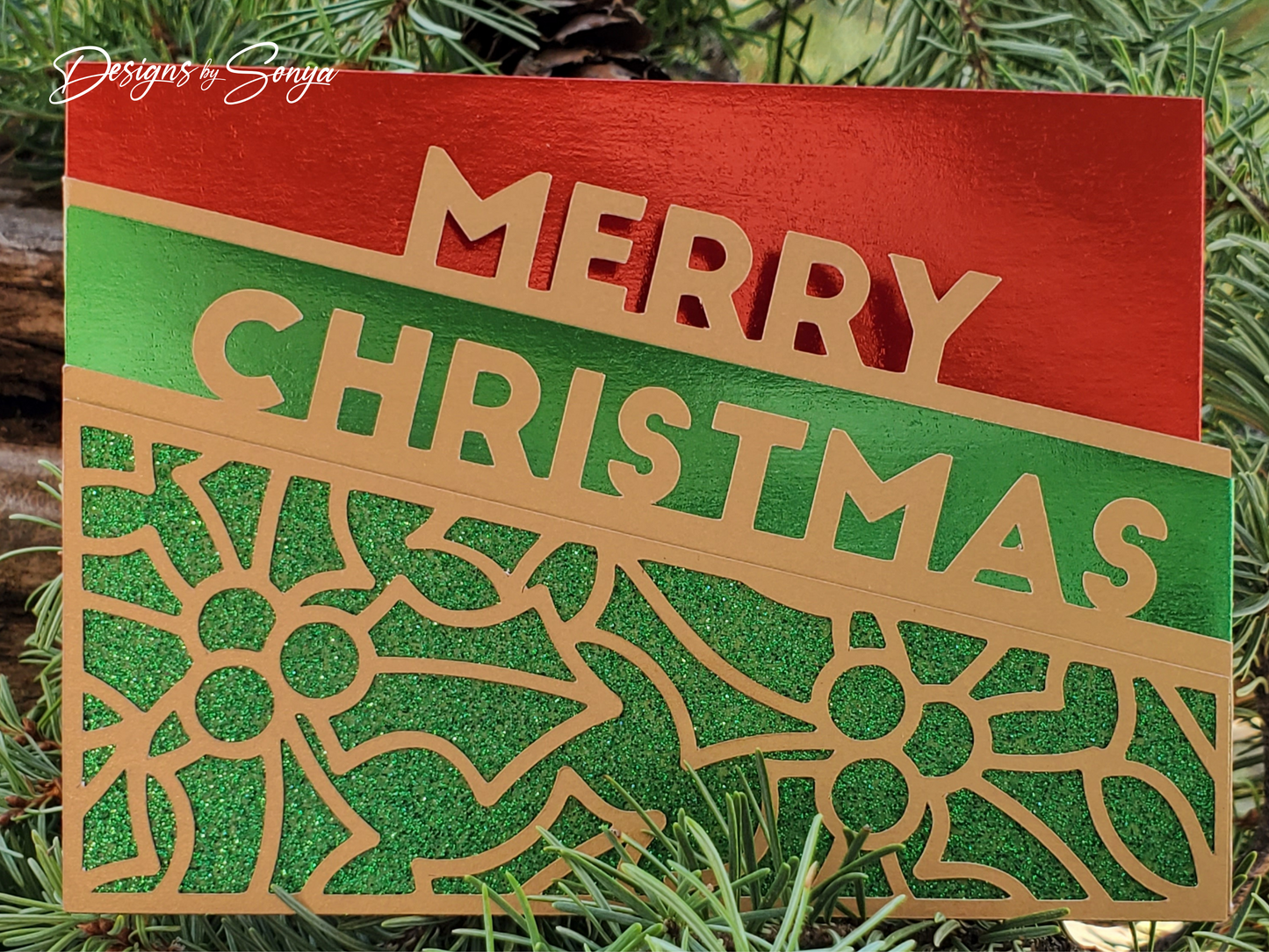 Festive Green and Red Merry Christmas Card | A2 4.25"x5.5" Laser Cut Holiday Card | Handcrafted Elegant Christmas Greeting Card