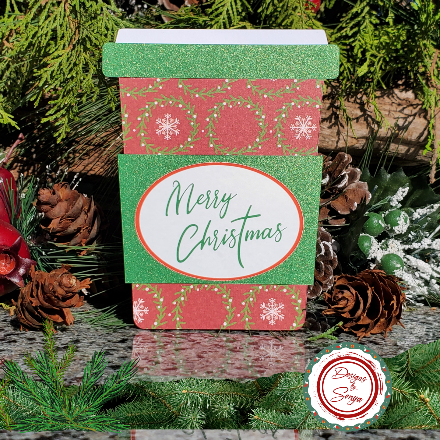 Christmas Gift Card Holder – Red Green Snowflake Wreath Design | Handmade Holiday Card for Teachers, Friends, Coworkers