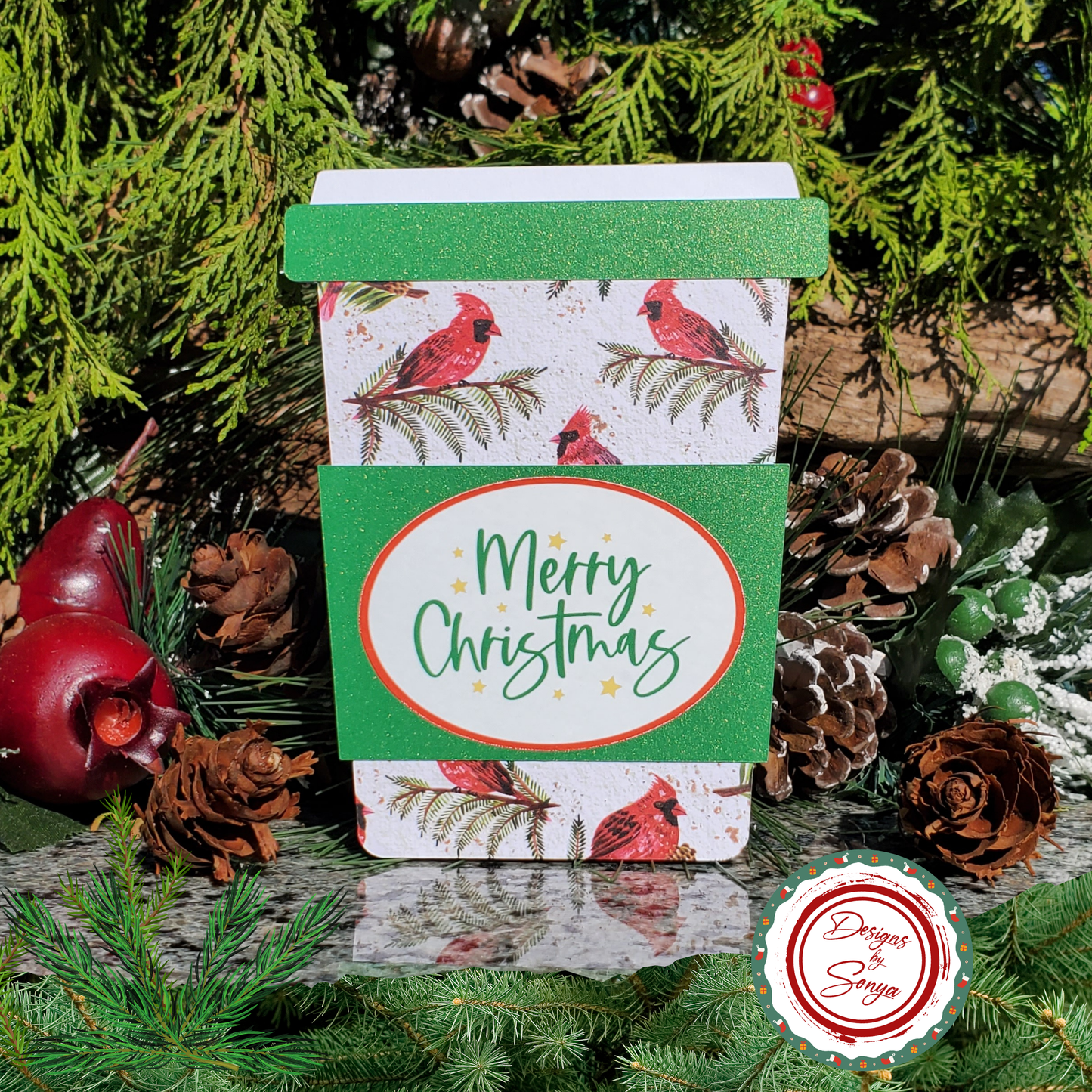 Cardinal Merry Christmas Gift Card Holder – Coffee Cup Style with Green Glitter Sleeve & A2 Envelope – Holiday Gift for Nature Lovers