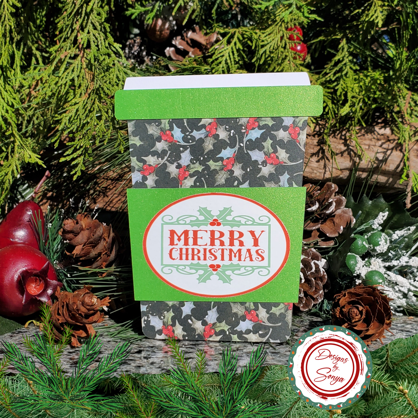 Christmas Gift Card Holder – Coffee Cup Design with Holly Print, Glitter Sleeve & Envelope – Holiday Teacher or Coworker Gift