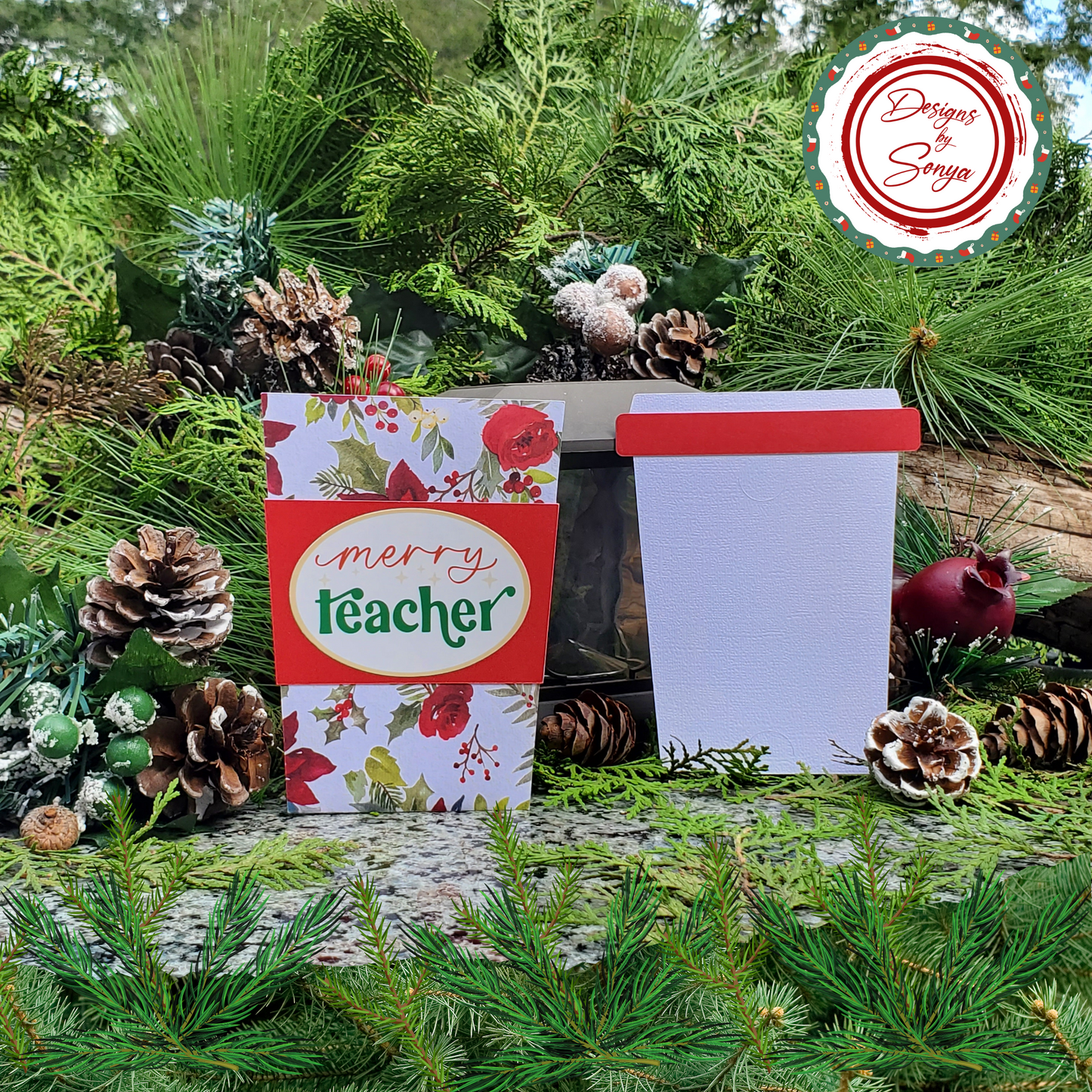 Merry Teacher Coffee Cup Gift Card Holder | Thanks a Latte | Christmas Teacher Gift | Holiday Pull-Out Sleeve with Envelope