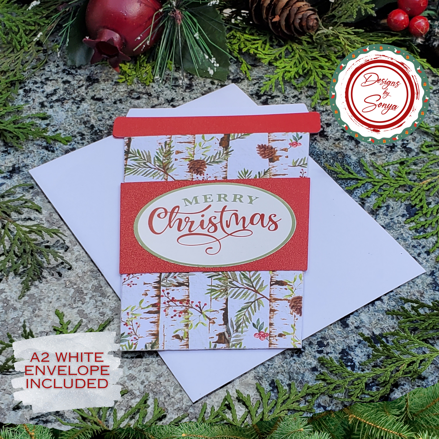 Christmas Coffee Cup Gift Card Holder – Birch Pine Merry Christmas – Handmade Holiday Card for Teachers, Coworkers, Staff