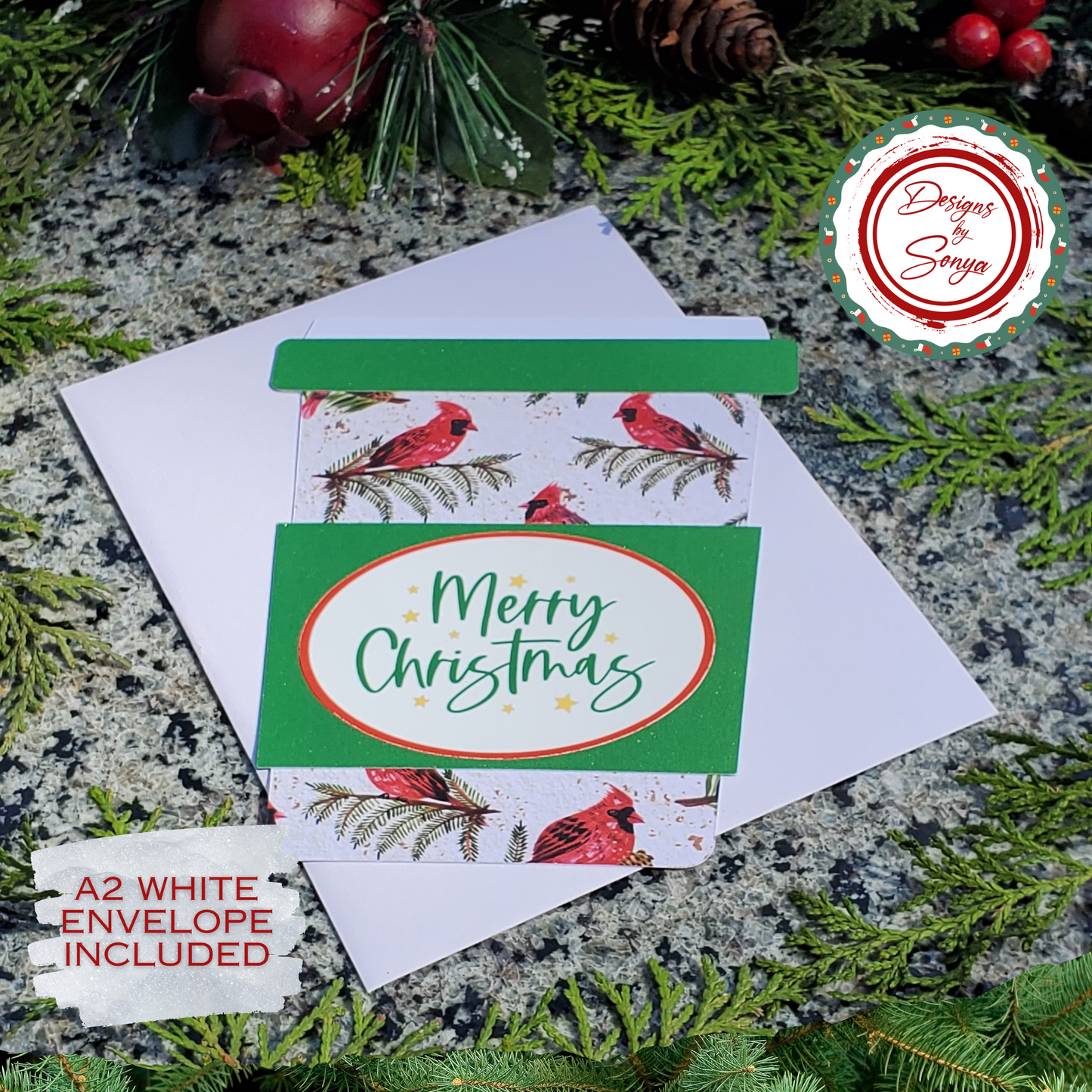 Cardinal Merry Christmas Gift Card Holder – Coffee Cup Style with Green Glitter Sleeve & A2 Envelope – Holiday Gift for Nature Lovers