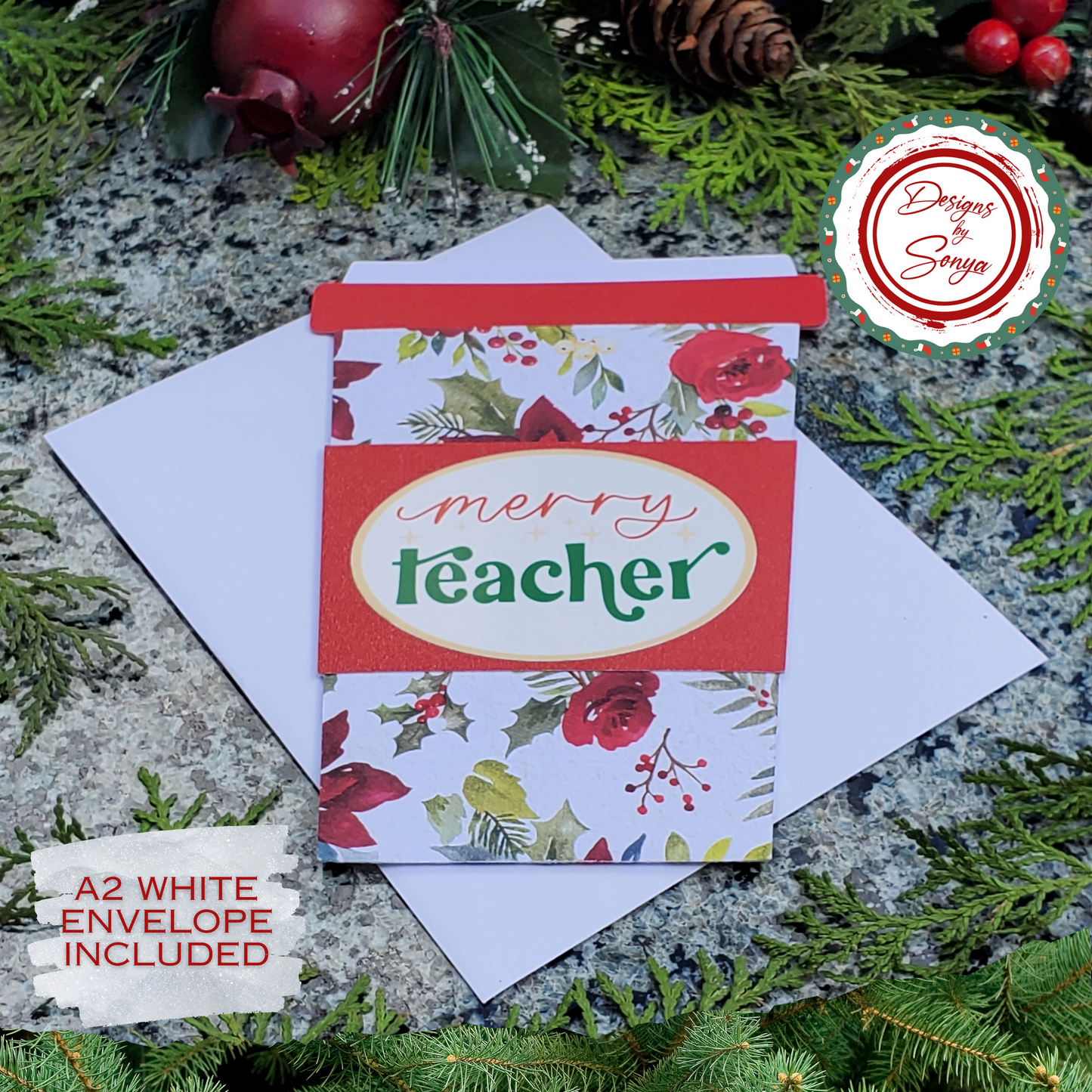 Merry Teacher Coffee Cup Gift Card Holder | Thanks a Latte | Christmas Teacher Gift | Holiday Pull-Out Sleeve with Envelope
