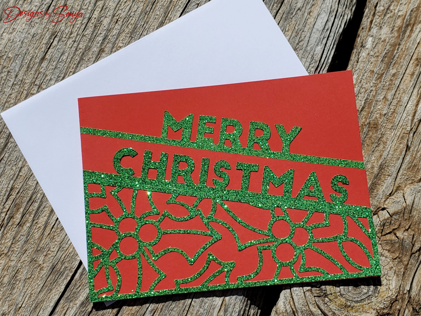Festive Merry Christmas Card | A2 4.25"x5.5" Red and Green Glitter Holiday Card | Handcrafted Christmas Greeting Card | Warm Wishes Card