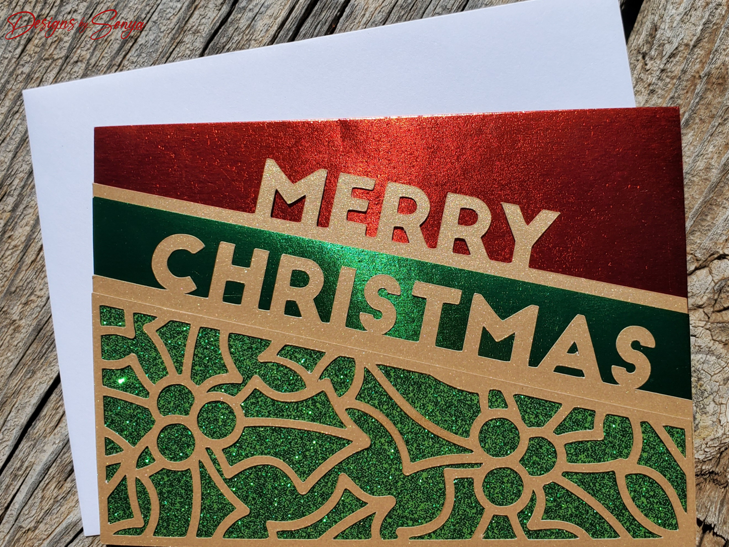 Festive Green and Red Merry Christmas Card | A2 4.25"x5.5" Laser Cut Holiday Card | Handcrafted Elegant Christmas Greeting Card