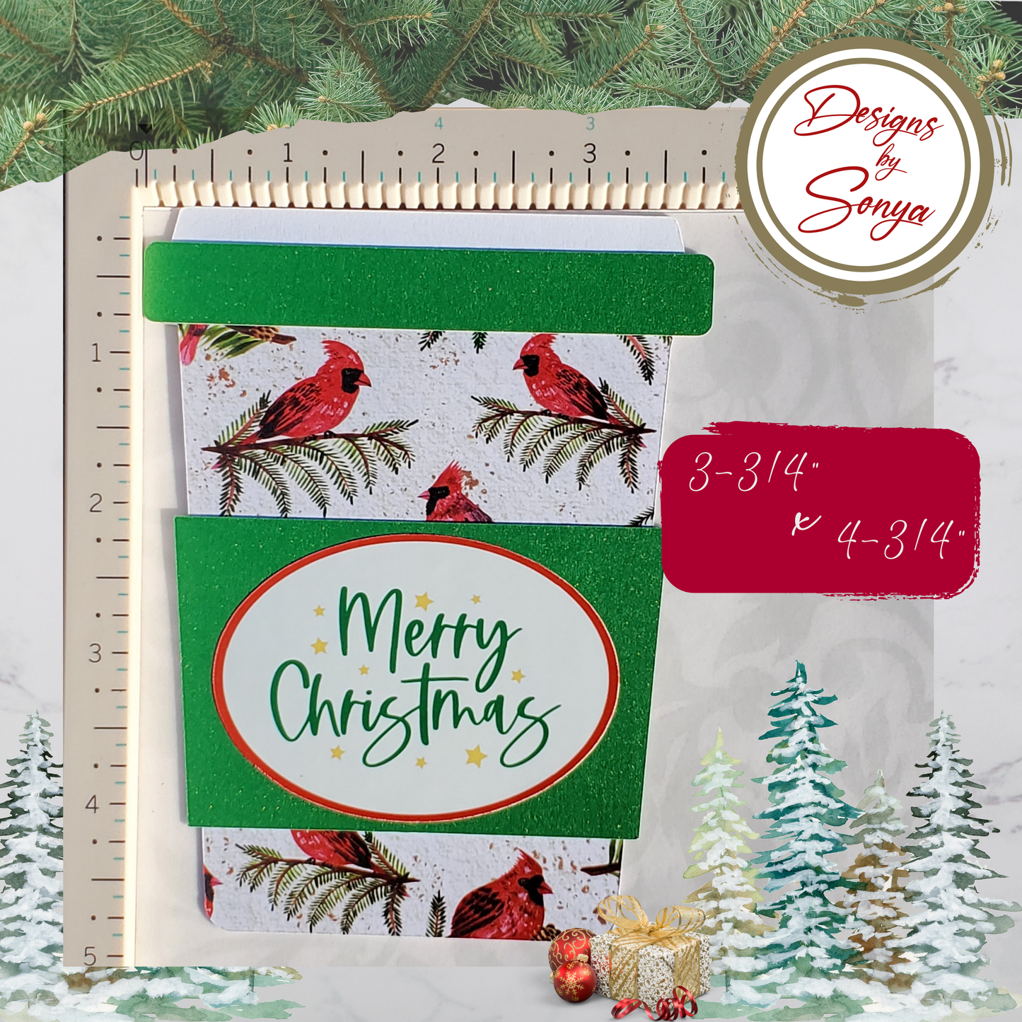 Cardinal Merry Christmas Gift Card Holder – Coffee Cup Style with Green Glitter Sleeve & A2 Envelope – Holiday Gift for Nature Lovers