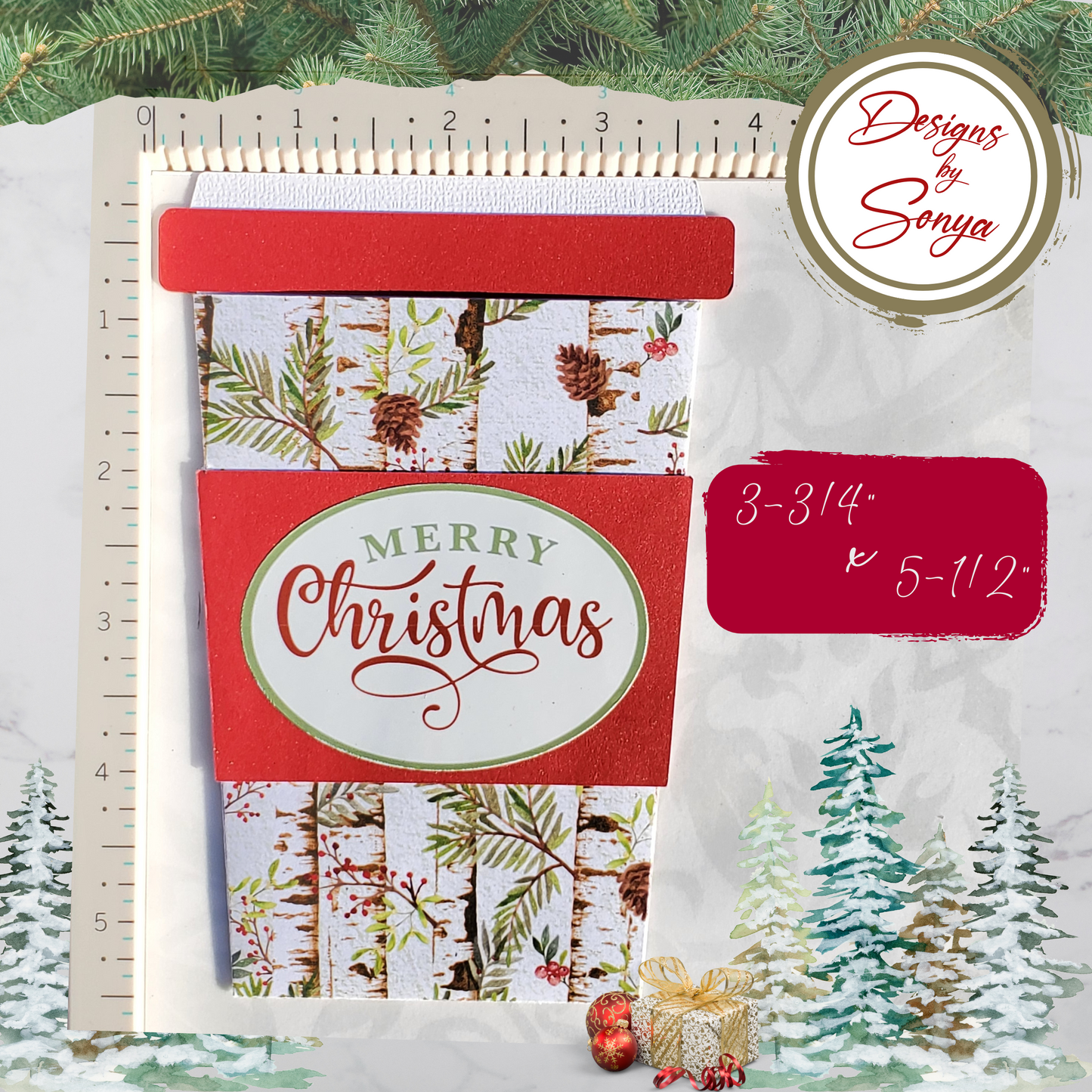 Christmas Coffee Cup Gift Card Holder – Birch Pine Merry Christmas – Handmade Holiday Card for Teachers, Coworkers, Staff
