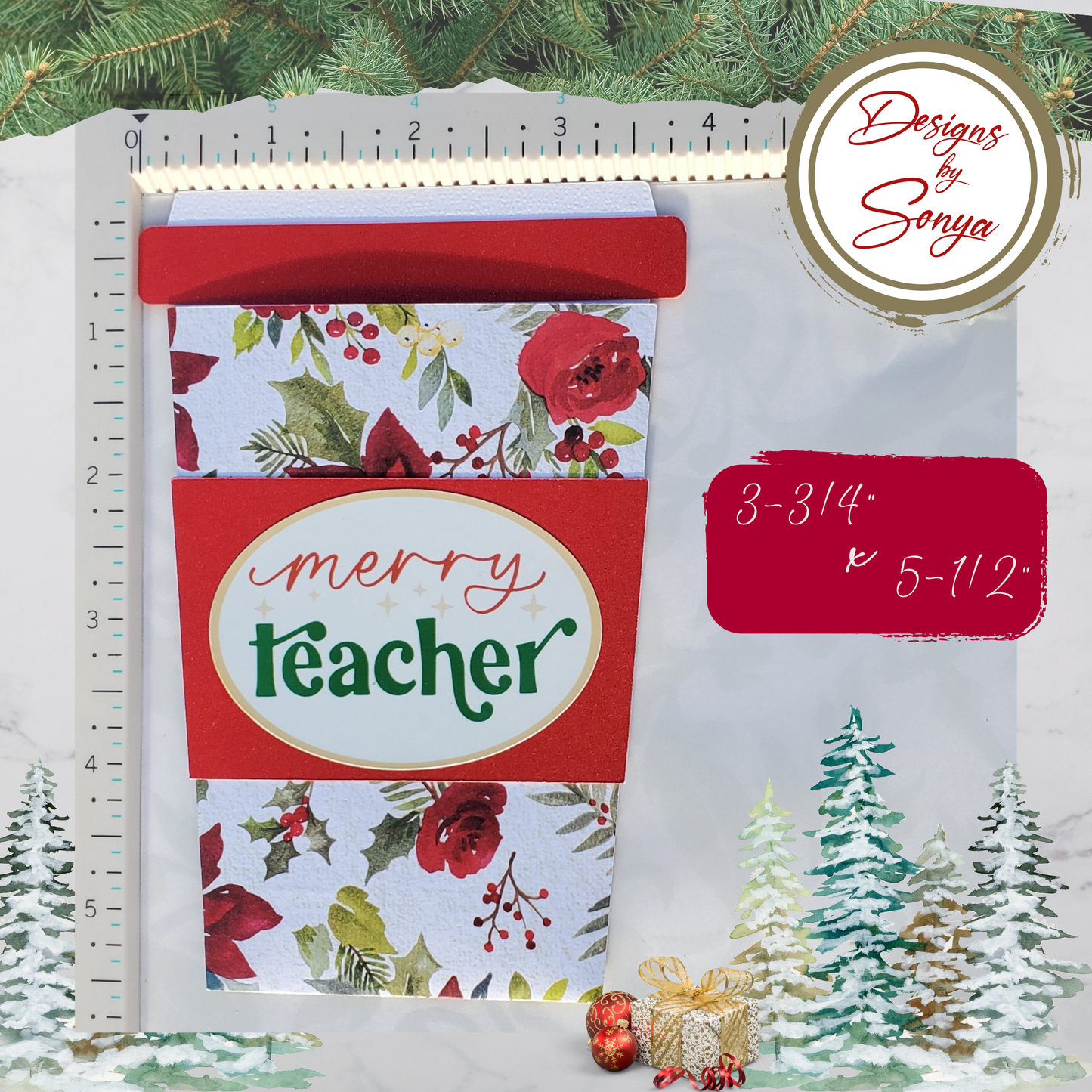 Merry Teacher Coffee Cup Gift Card Holder | Thanks a Latte | Christmas Teacher Gift | Holiday Pull-Out Sleeve with Envelope