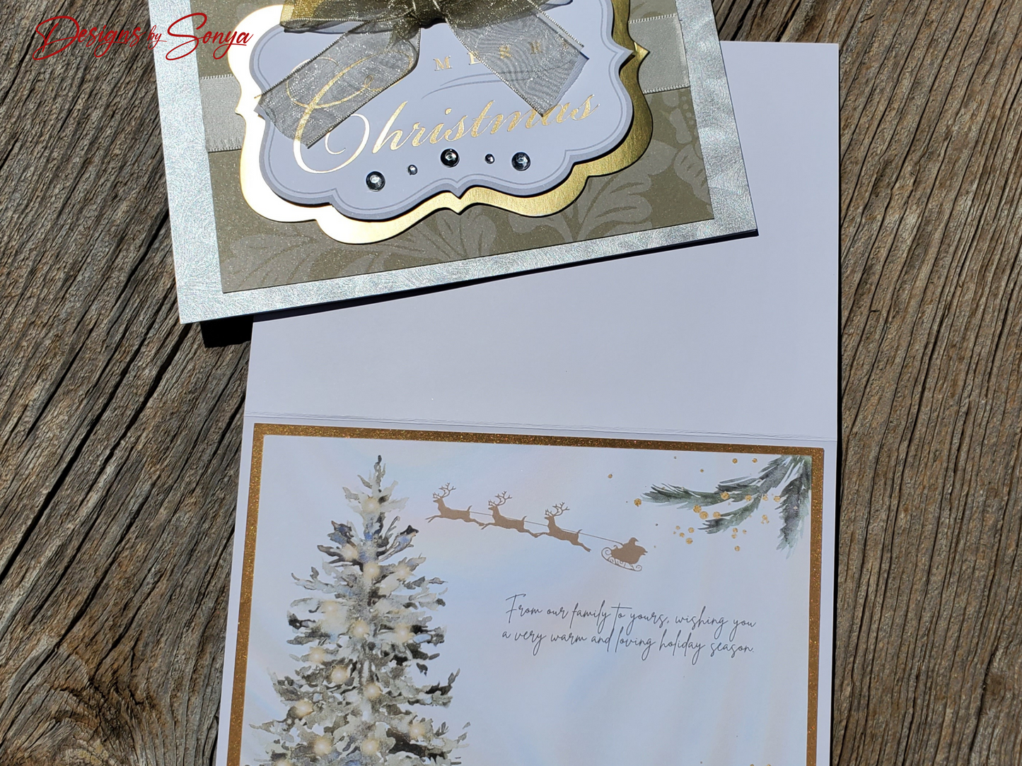 LIMITED EDITION | Elegant Handmade Merry Christmas Card | Luxury Holiday Greeting Gold Accents, Sheer Ribbon Bow, Rhinestones, Unique Design