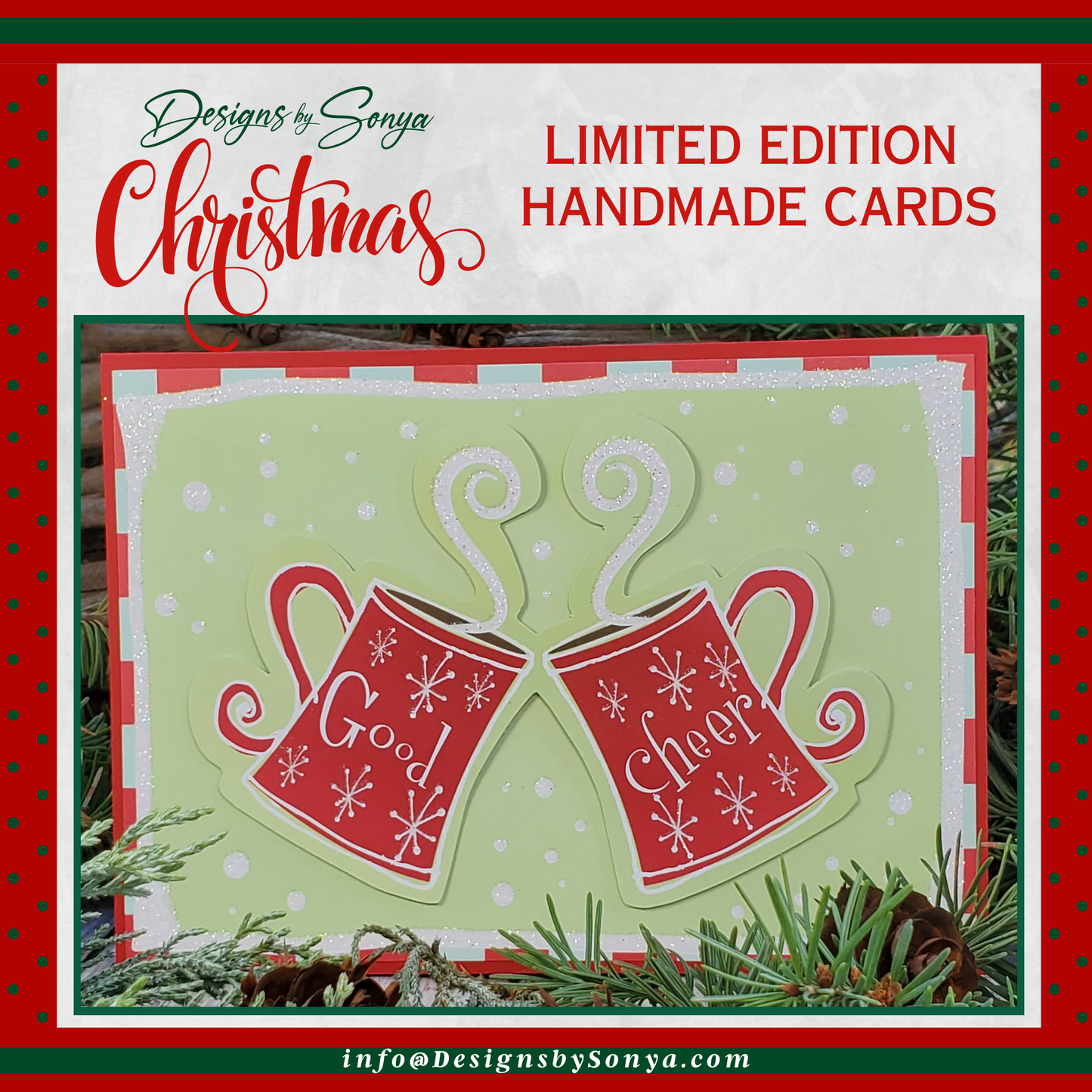 LIMITED EDITION | Festive Good Cheer Glitter Mugs | 5" x7" Sparkling Christmas Card | Custom Designed 3D Layered | Unique Holiday Greetings