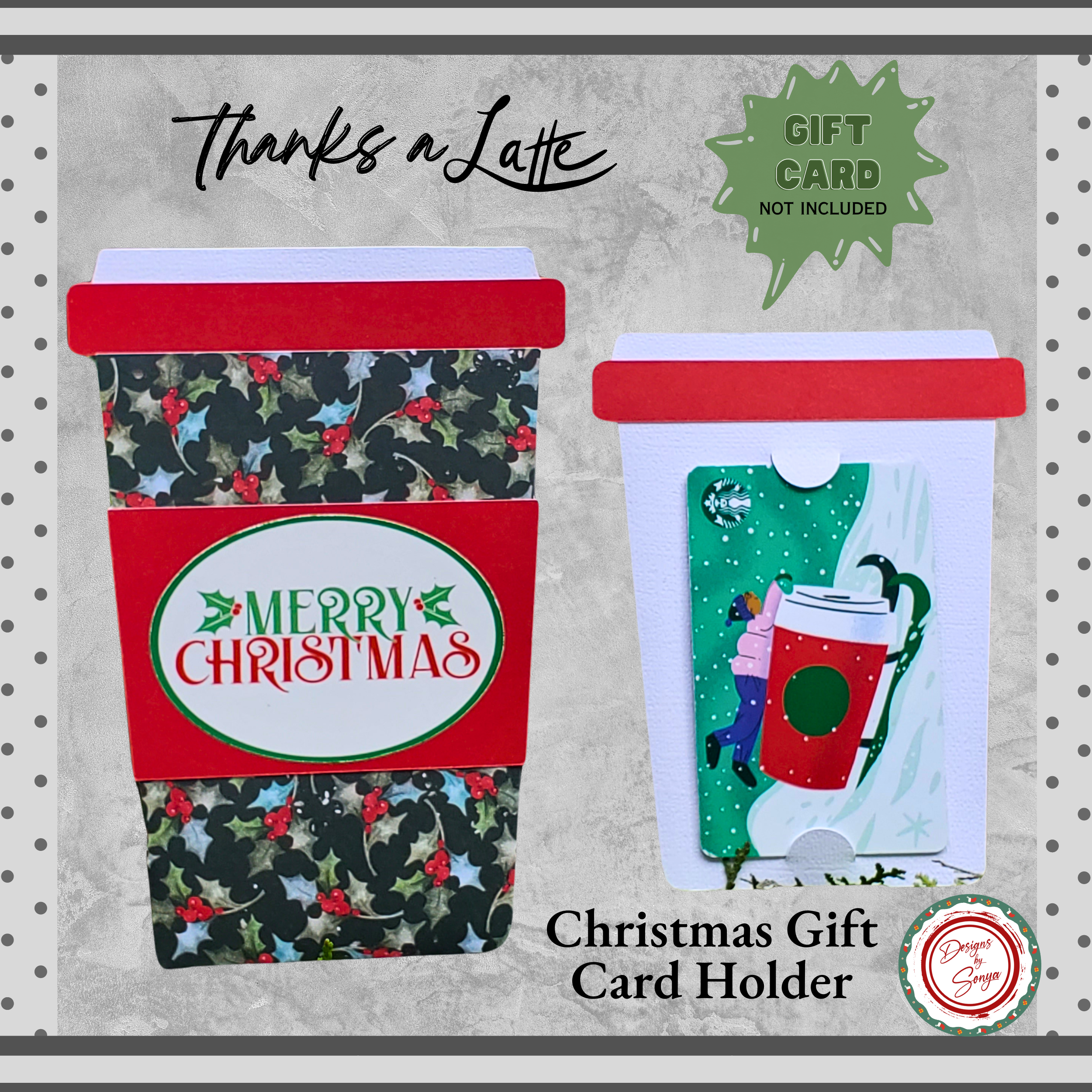 Merry Christmas Coffee Cup Gift Card Holder | Classic Holly Print | Handmade Pull-Out Sleeve with Envelope