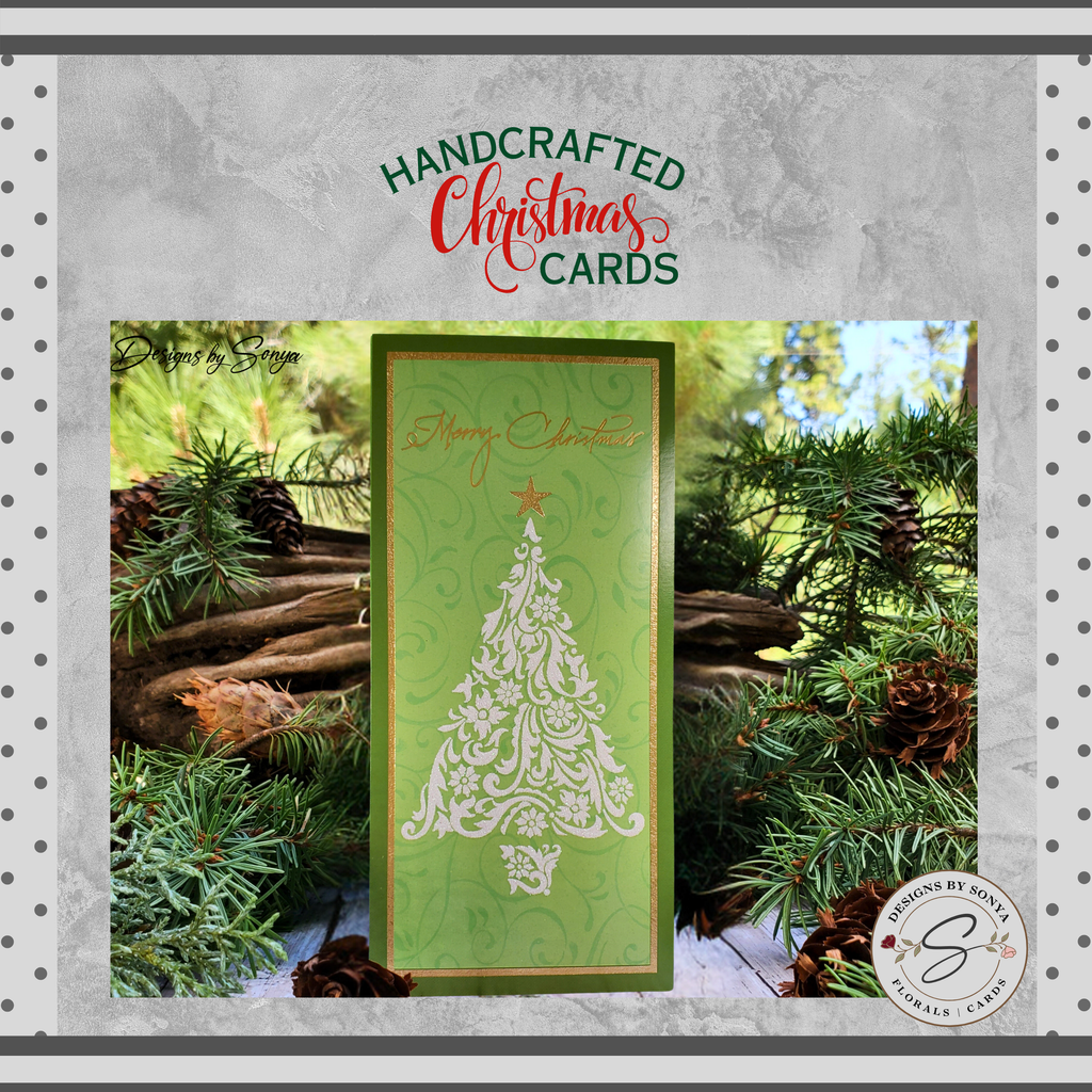 Handcrafted Merry Christmas Tree Card with Gold Star | Green Holiday Card | Elegant Design, 3.75"x8.25"