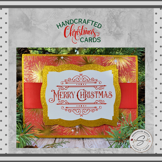 Festive Red and Gold Merry Christmas Card | A7 5"x7" Elegant Holiday Greeting Card | Handcrafted Christmas Card with Ribbon and Glitter