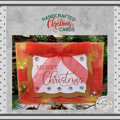 Custom Designed 3D Layered | Festive Gold and Red Glitter | 5" x 7" Merry Christmas Card | Red Satin Ribbon and Bow | Holiday Greetings