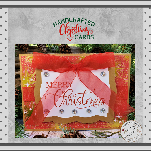 Custom Designed 3D Layered | Festive Gold and Red Glitter | 5" x 7" Merry Christmas Card | Red Satin Ribbon and Bow | Holiday Greetings