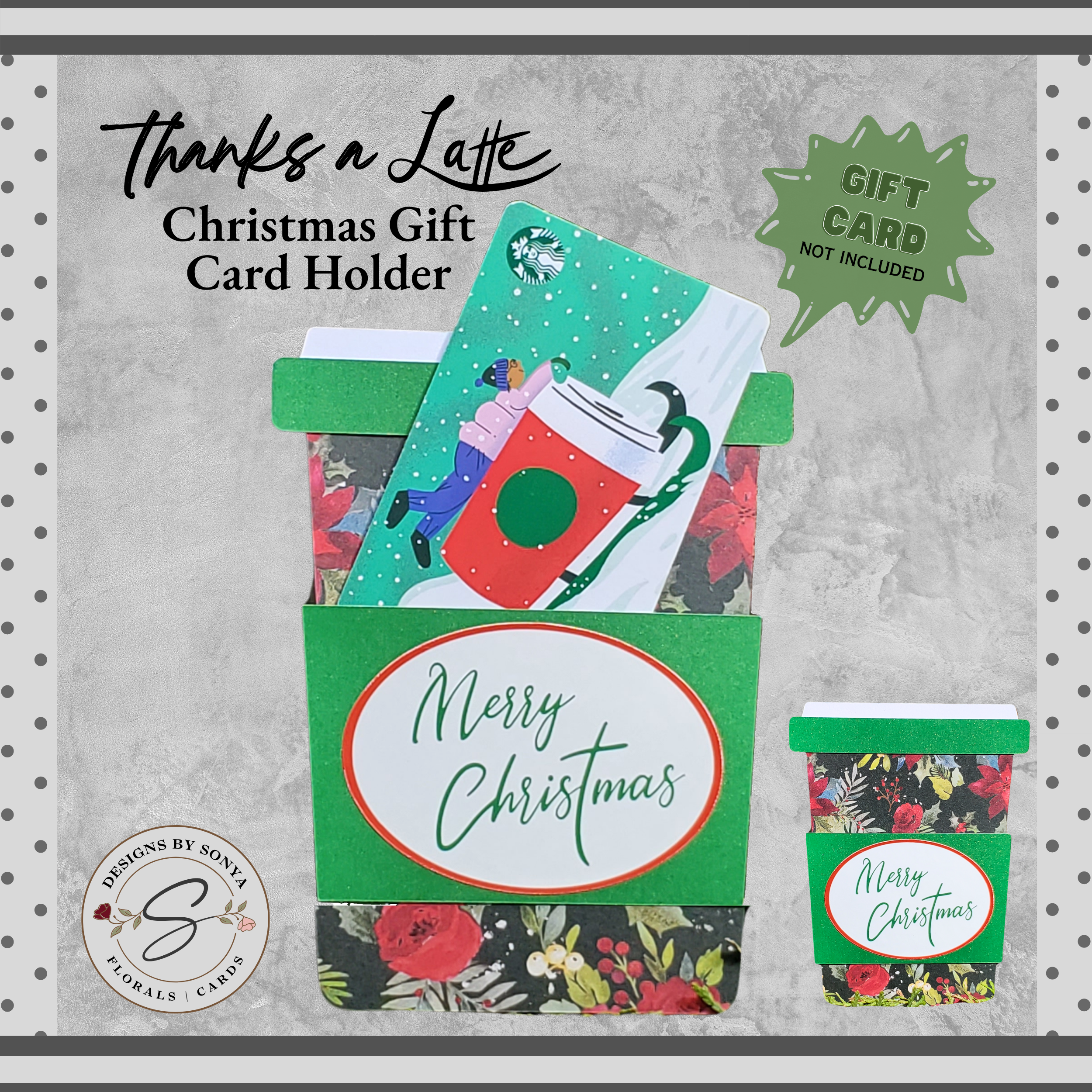 Floral Merry Christmas Gift Card Holder – Coffee Cup Design with Green Glitter Sleeve & Envelope – Holiday Floral Gift Wrap