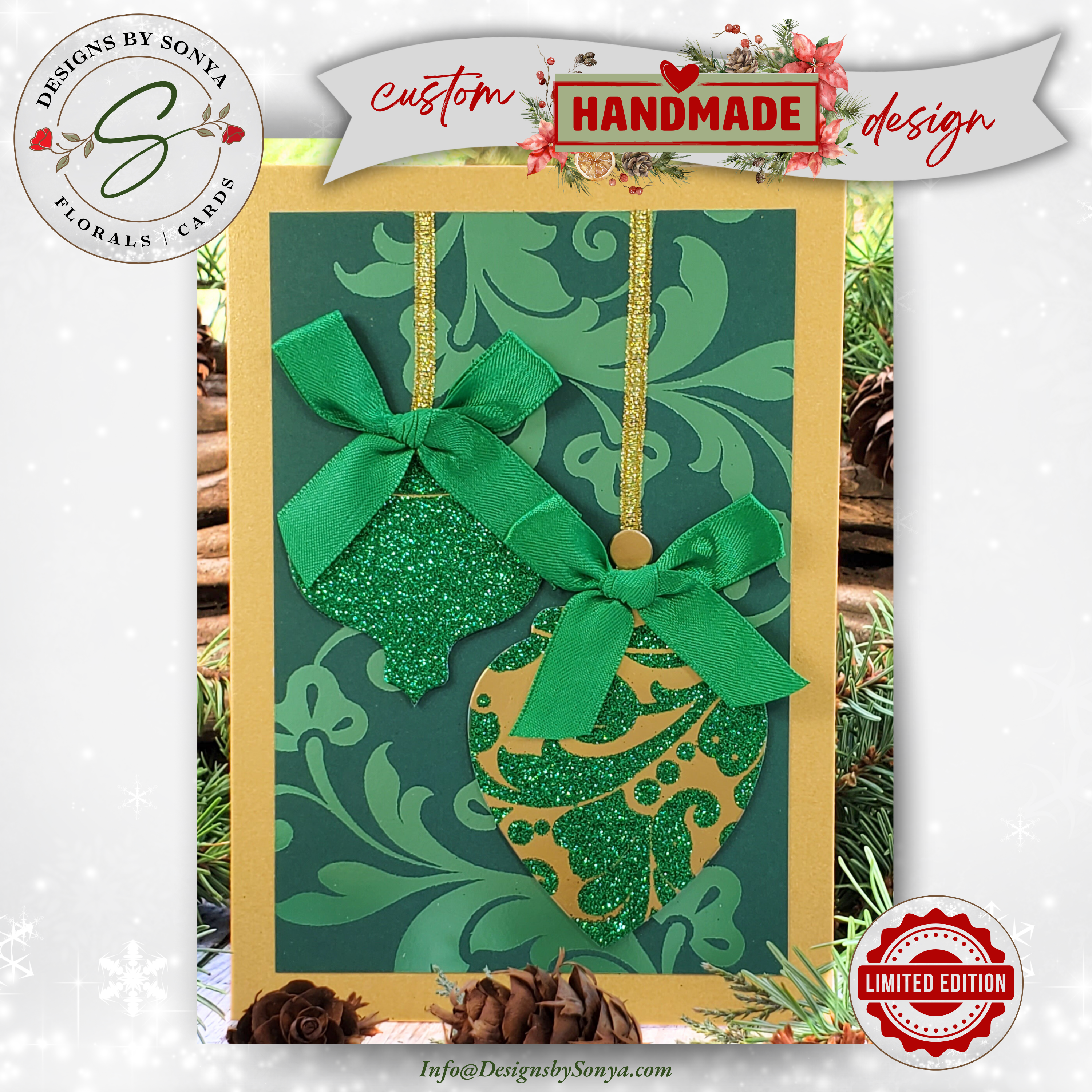 LIMITED EDITION | Elegant Green Ornament Christmas Card | Handcrafted A7 Holiday Greeting with Glitter Accents & Printed Interior Message
