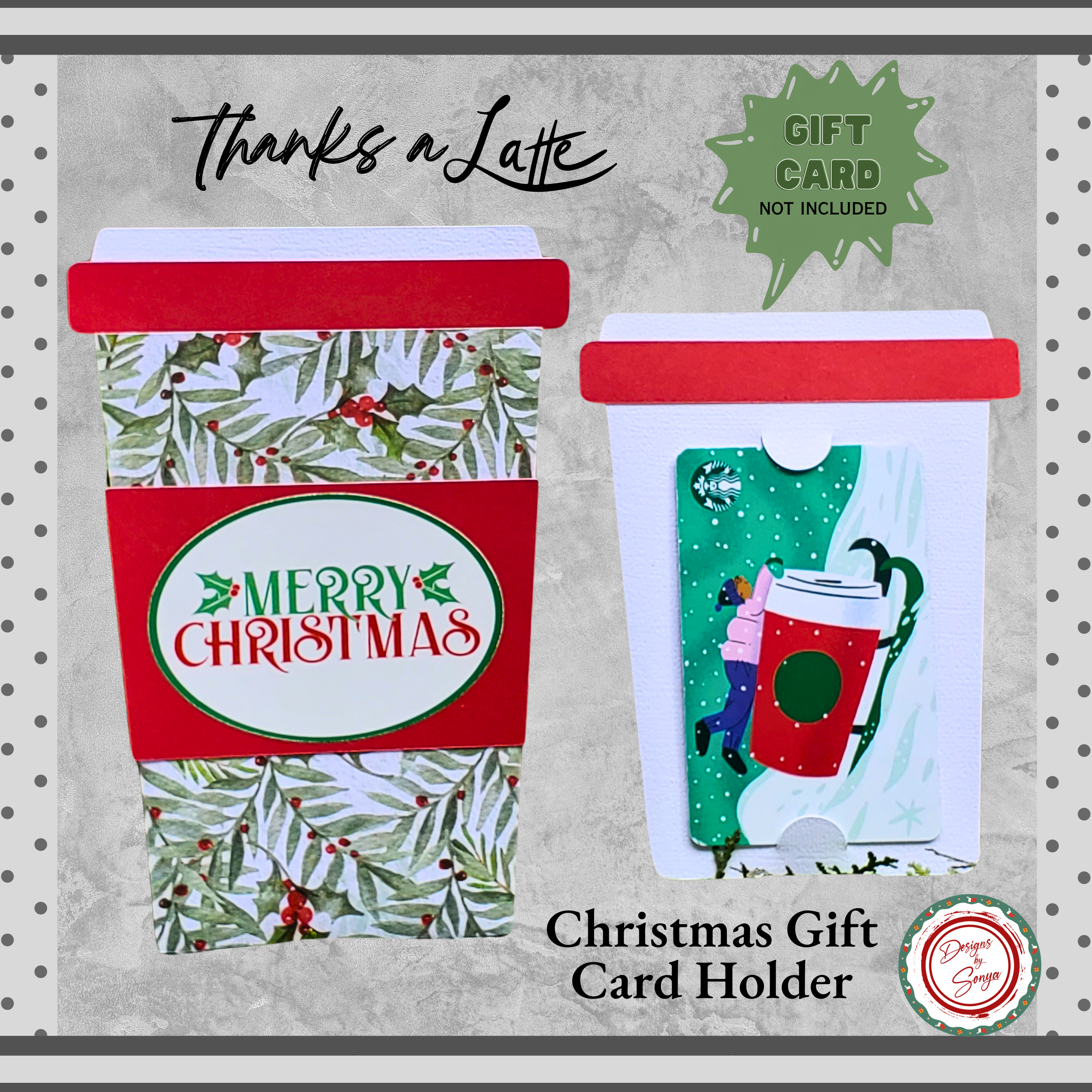 Merry Christmas Coffee Cup Gift Card Holder | Holly Leaf Holiday Design | Handmade Pull-Out Sleeve with A2 Envelope