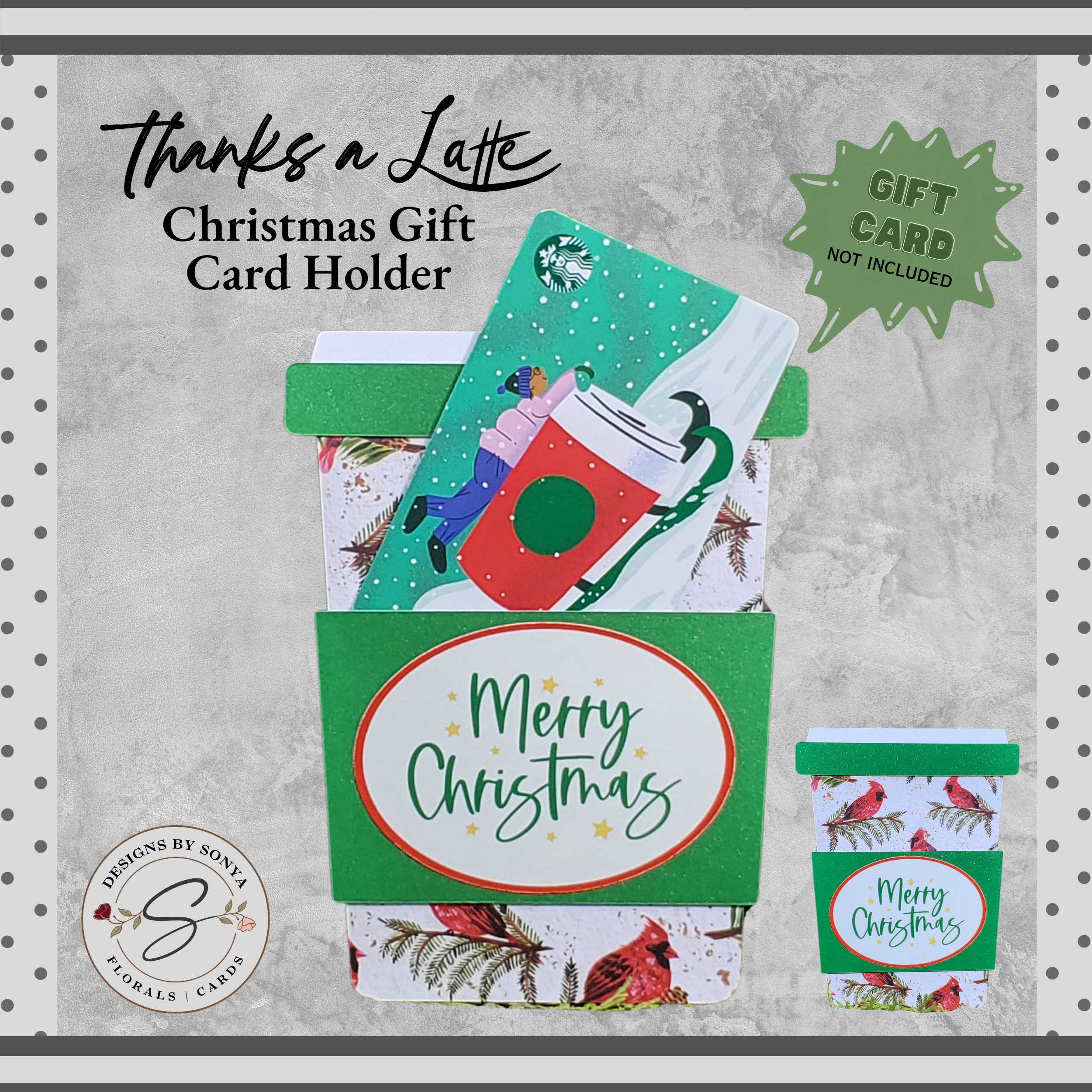 Cardinal Merry Christmas Gift Card Holder – Coffee Cup Style with Green Glitter Sleeve & A2 Envelope – Holiday Gift for Nature Lovers