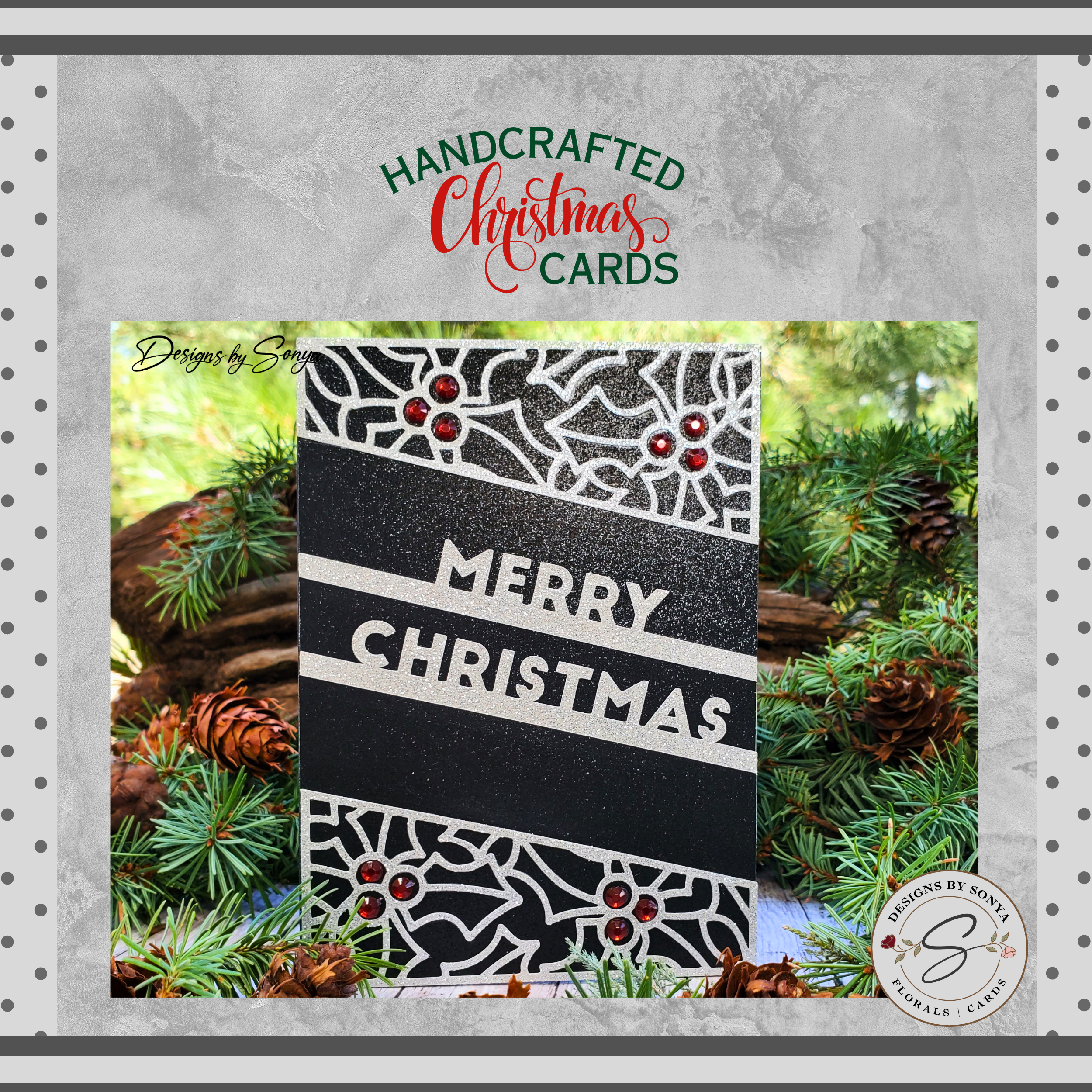 A7 Black & Silver Glitter Merry Christmas Card – Handcrafted 5"x7" Holiday Greeting with Holly Gems, Elegant Keepsake for Gift-Giving