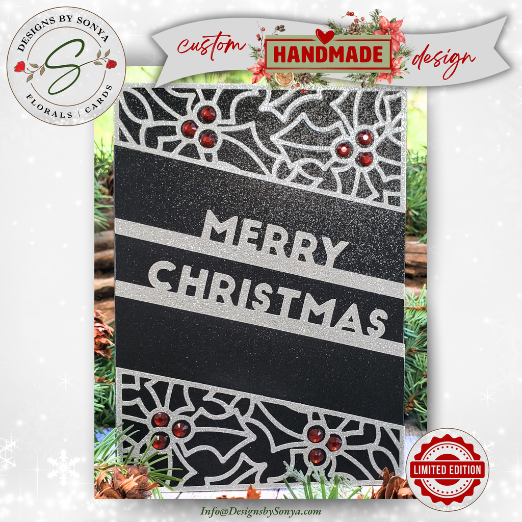 A7 Black & Silver Glitter Merry Christmas Card – Handcrafted 5"x7" Holiday Greeting with Holly Gems, Elegant Keepsake for Gift-Giving