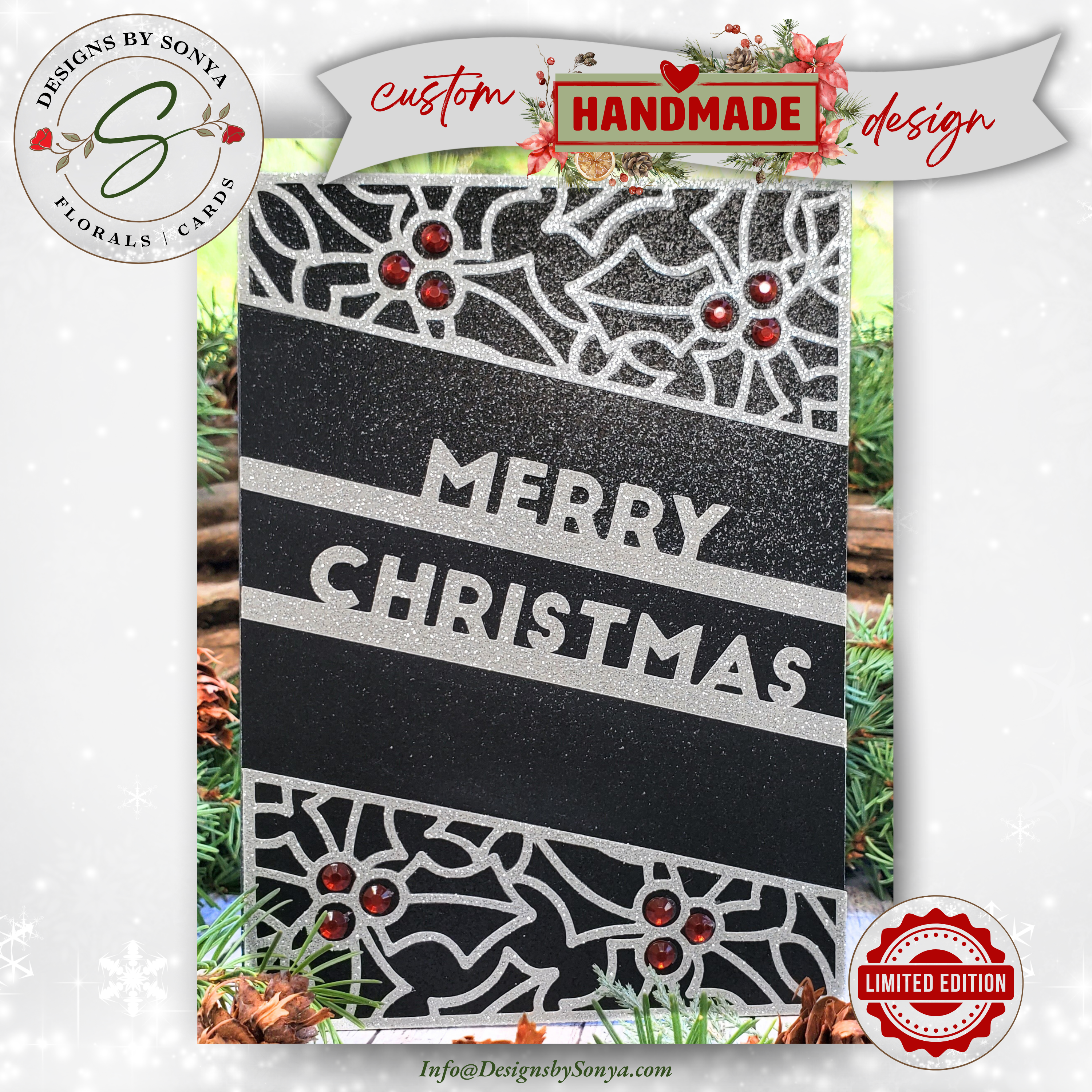 A7 Black & Silver Glitter Merry Christmas Card – Handcrafted 5"x7" Holiday Greeting with Holly Gems, Elegant Keepsake for Gift-Giving