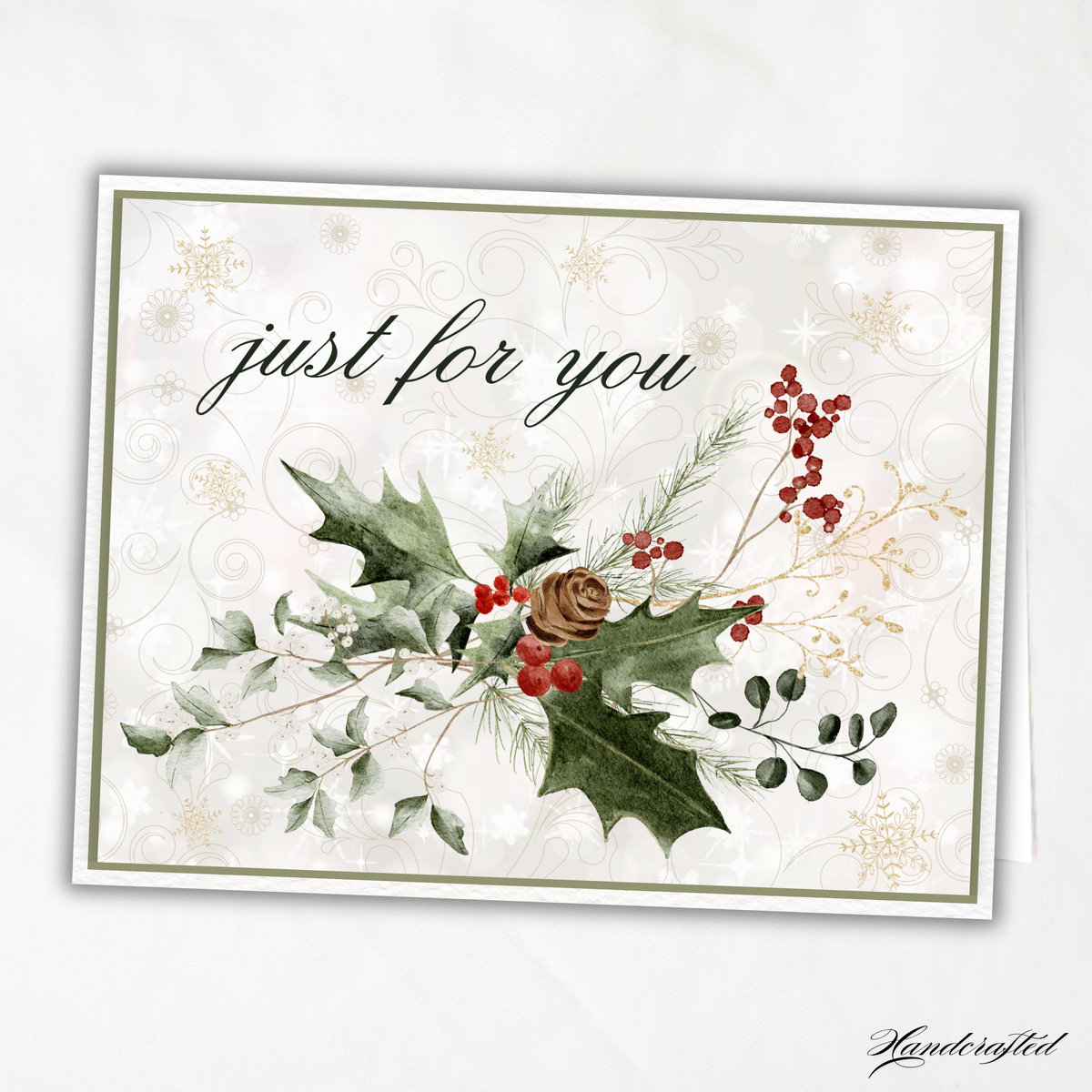 Handcrafted Christmas Notecard with Holly & Berries | Elegant Holiday Greeting Card Blank Inside for Custom Messages | Classic Winter Gift