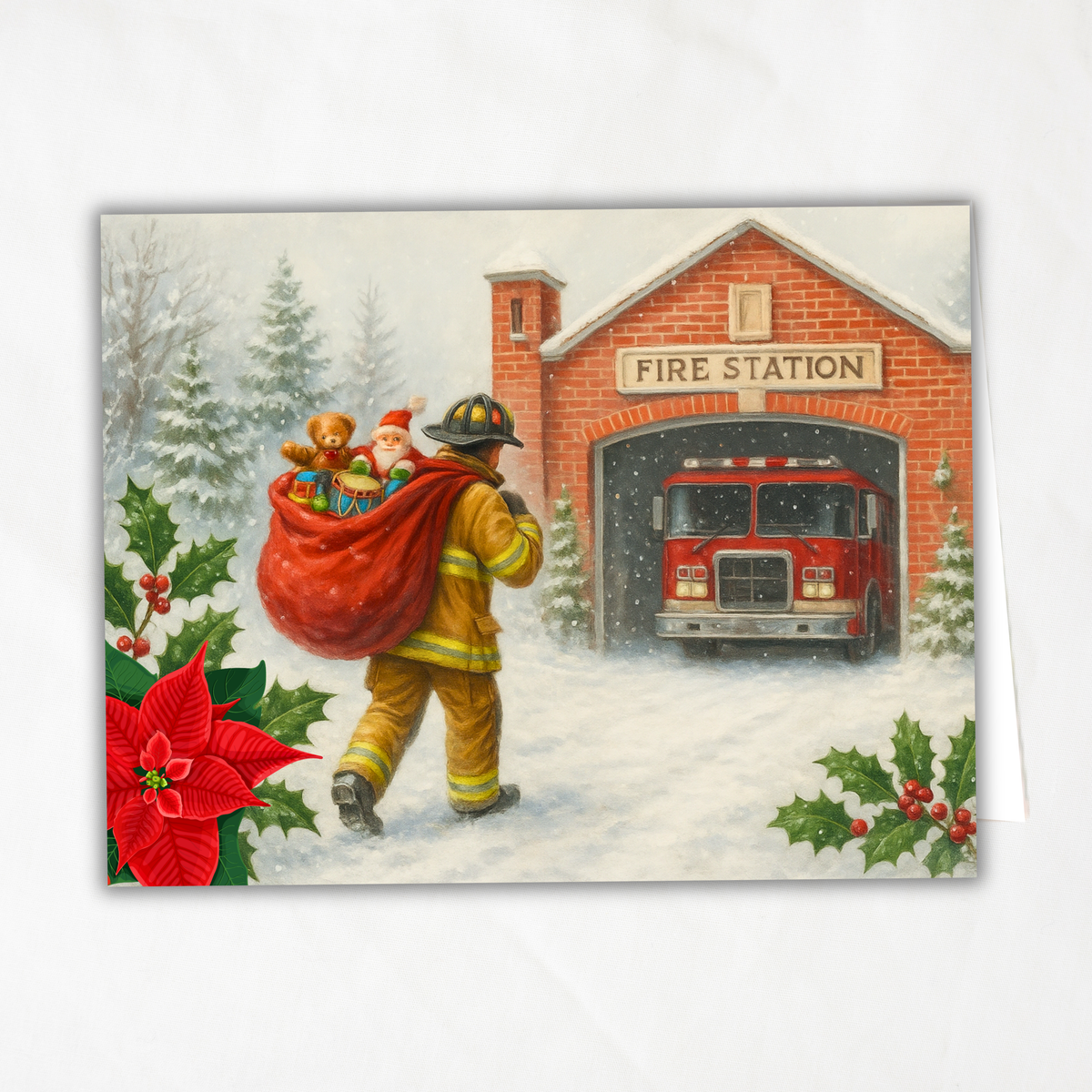 Printable Firefighter Santa Christmas Card • Honor the Heroes Collection • A2 (5.5"x4.25") Folded Card • Holiday Fire Station Art Download