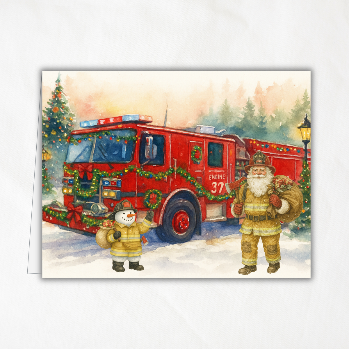 Engine 37 Firetruck Christmas Card Printable | A2 Holiday Card | Honor the Heroes Collection | Firefighter Santa Greeting Card | Envelope Liner