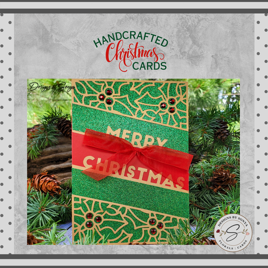 Elegant Green Glitter Merry Christmas Card | A7 5"x7" Festive Holiday Card | Handcrafted Greeting Card with Laser Cut Poinsettias and Ribbon