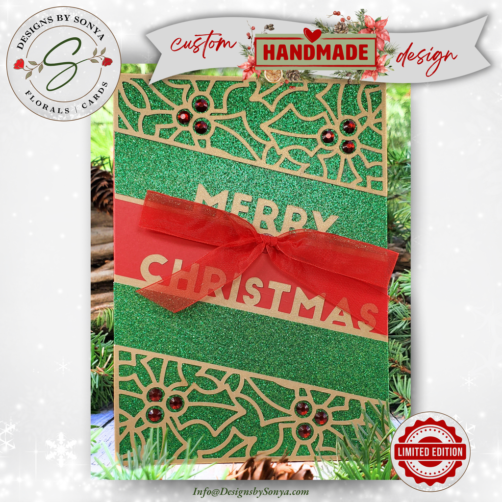Handmade Green Glitter Christmas Card with Red Bow – Elegant A7 Holiday Card for Corporate Gifting, Religious or Family Keepsake