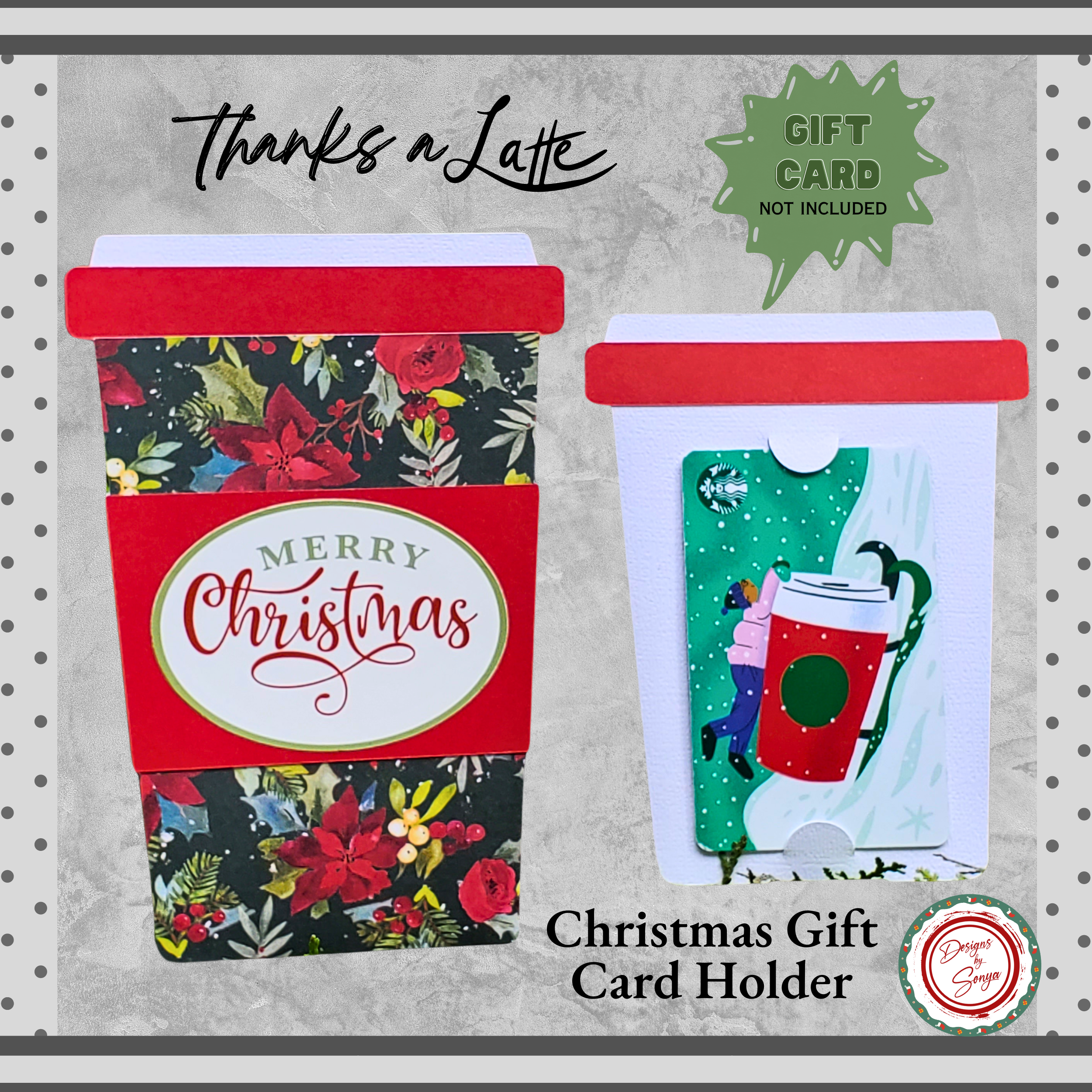 Holiday Floral “Thanks a Latte” Christmas Gift Card Holder – Handmade Coffee Cup Pull-Out Card with Envelope