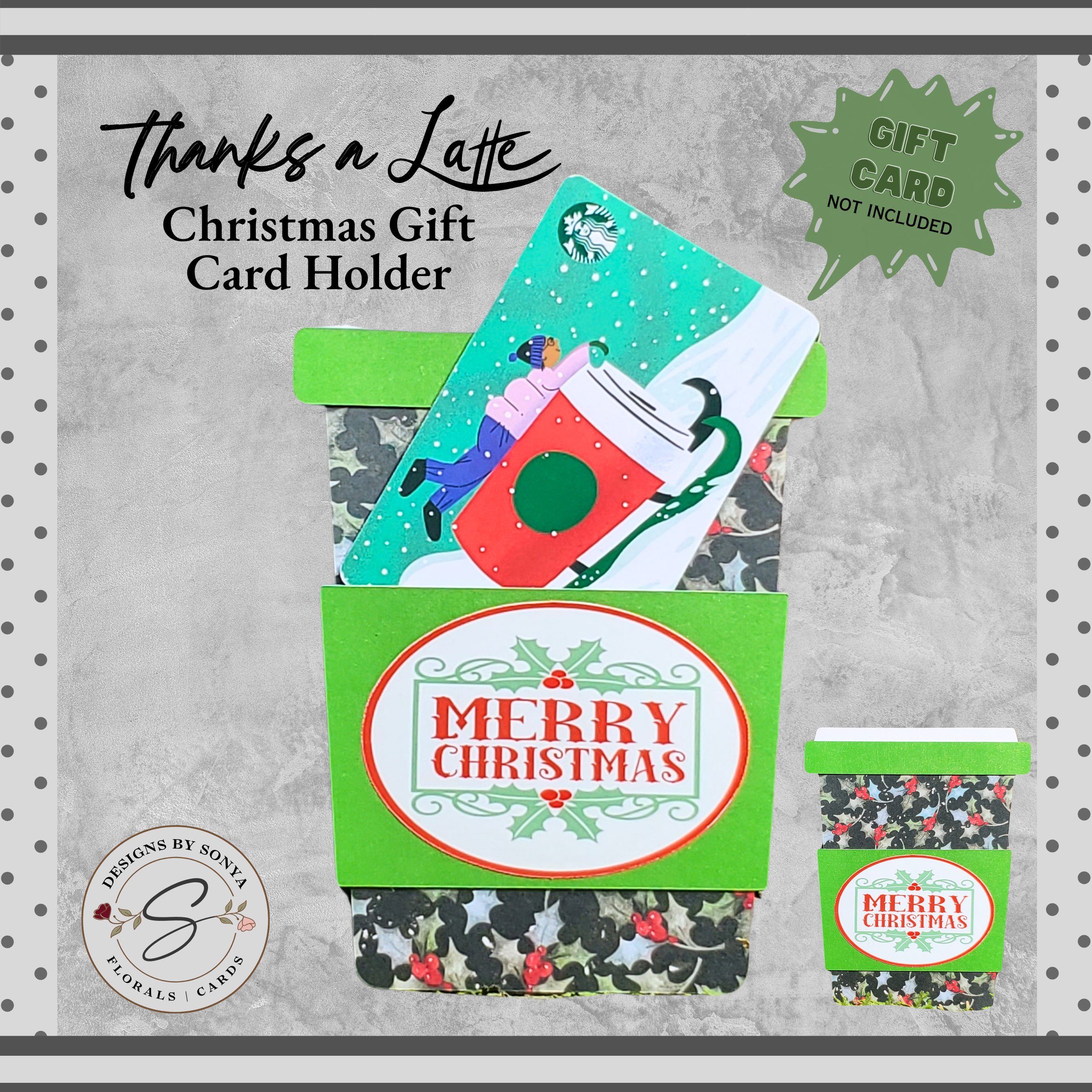 Christmas Gift Card Holder – Coffee Cup Design with Holly Print, Glitter Sleeve & Envelope – Holiday Teacher or Coworker Gift