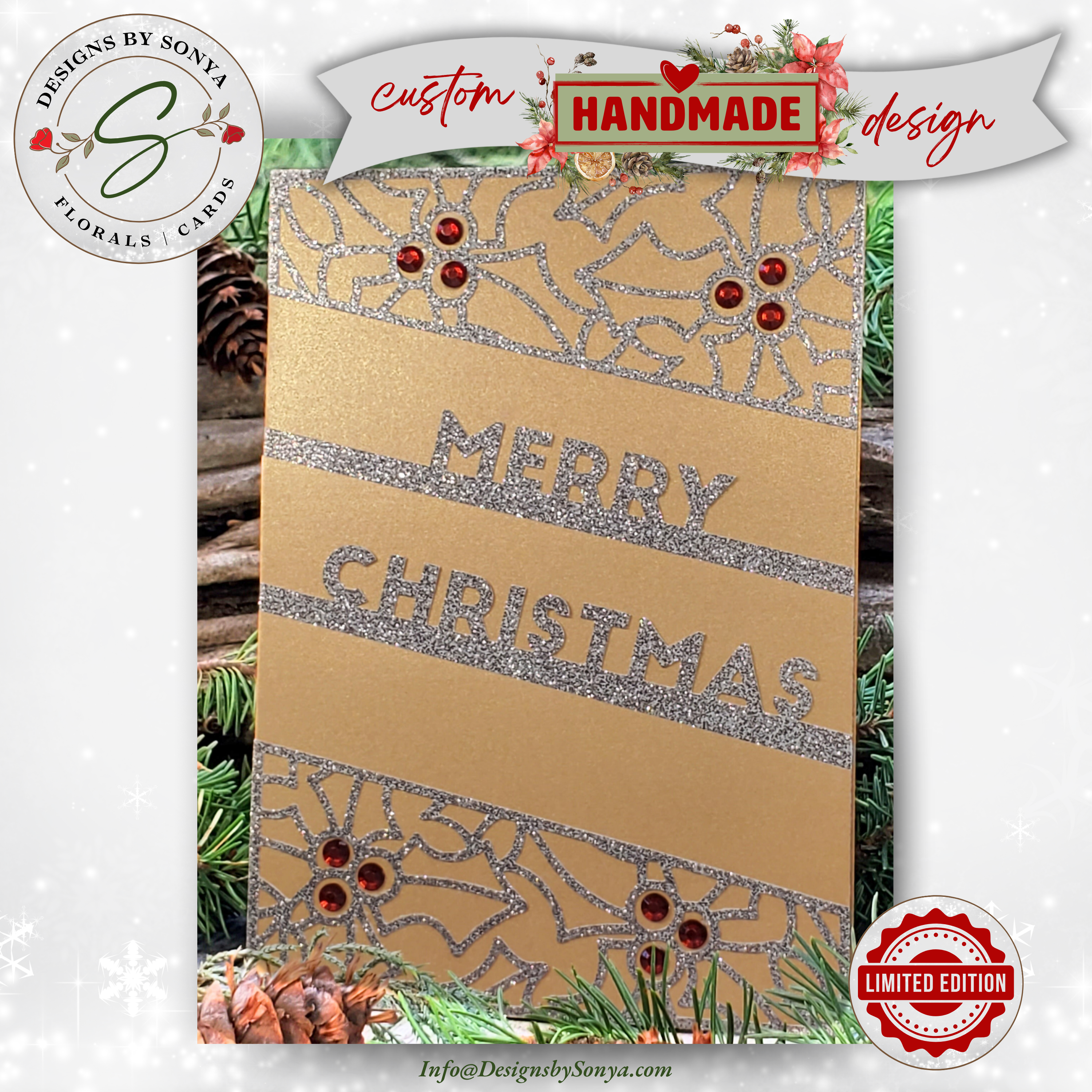 Handmade Gold Glitter Christmas Card with Holly Design – Elegant A7 Holiday Greeting for Corporate Giving, Family, or Keepsake Gifting