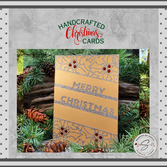 Handcrafted Gold Glitter Merry Christmas Card with Red Gem Accents | Unique Holiday Greeting Card | Elegant Christmas Card for Loved Ones